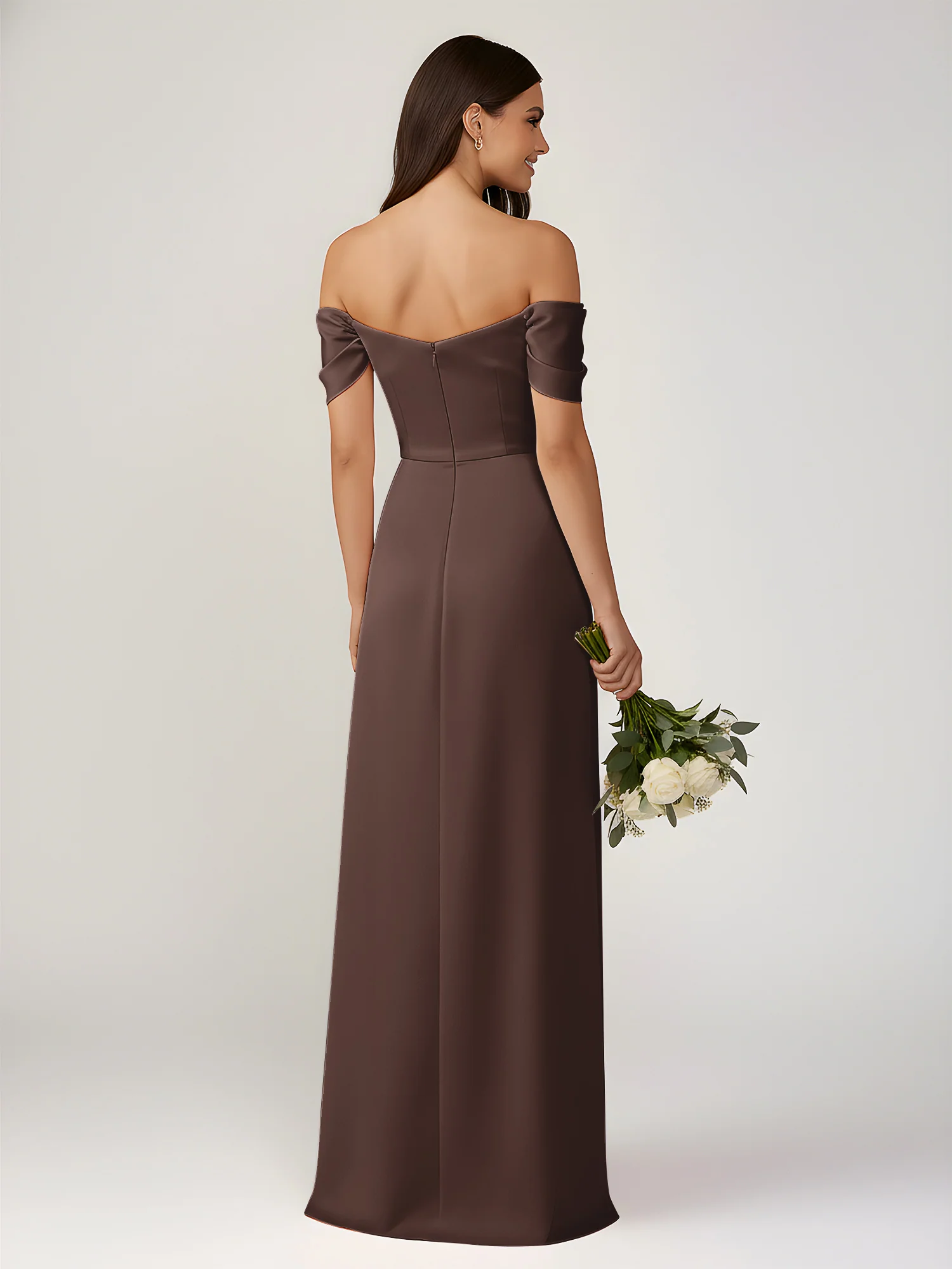 Off-The-Shoulder A-Line Floor Length Dresses With Slit Chocolate - Image 2