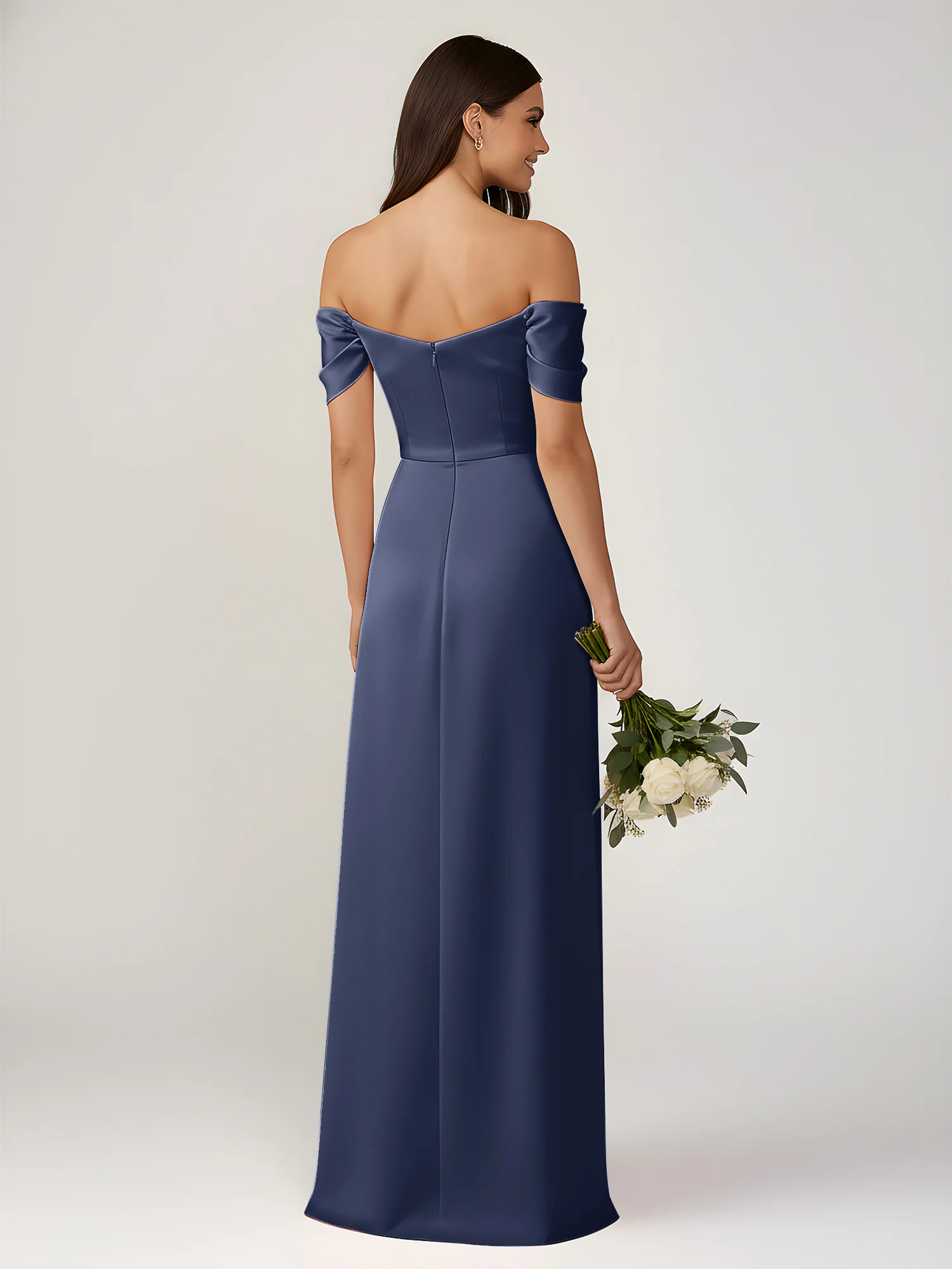 Off-The-Shoulder A-Line Floor Length Dresses With Slit Dark Navy - Image 2