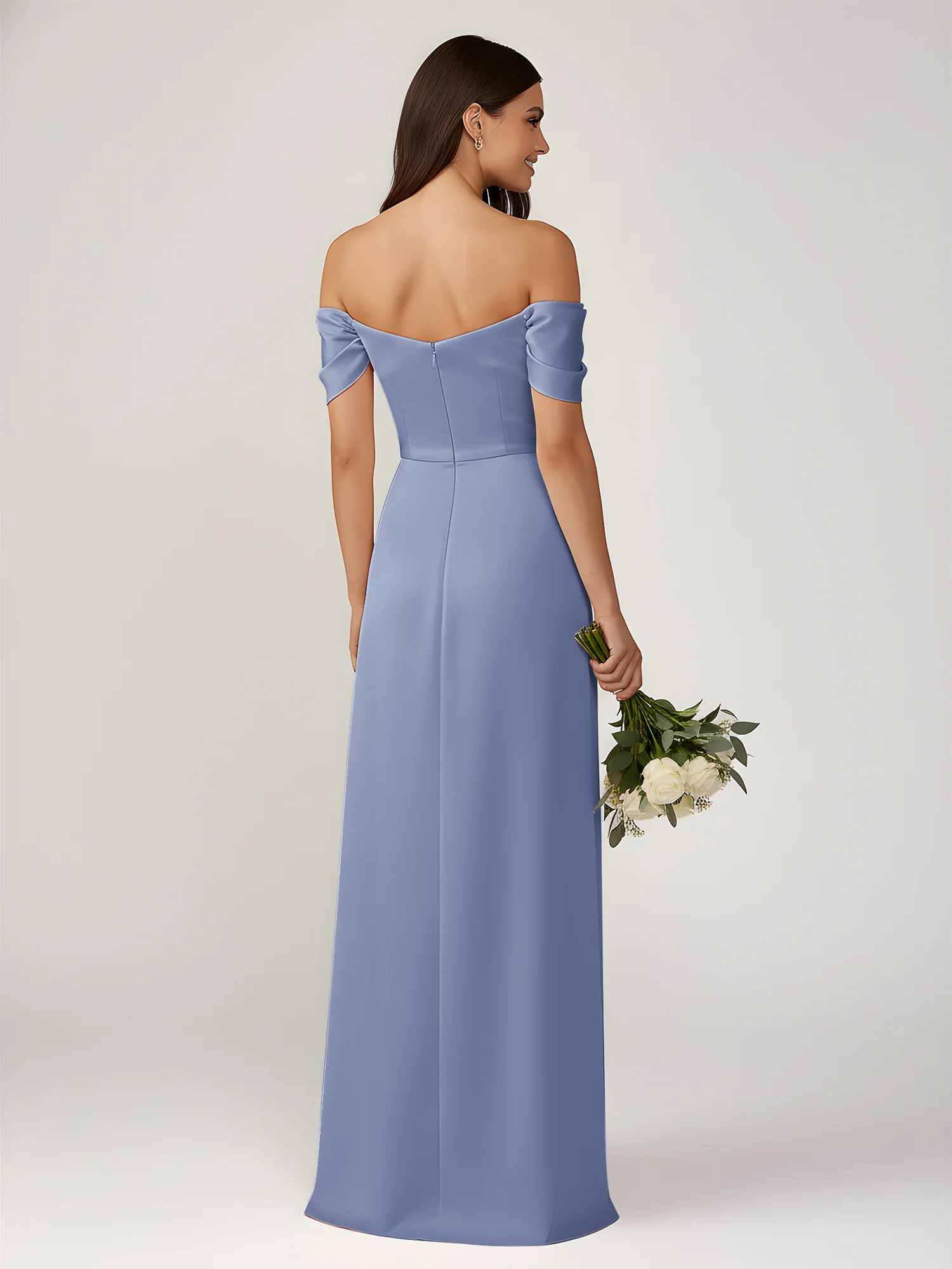 Off-The-Shoulder A-Line Floor Length Dresses With Slit Dusty Blue - Image 2