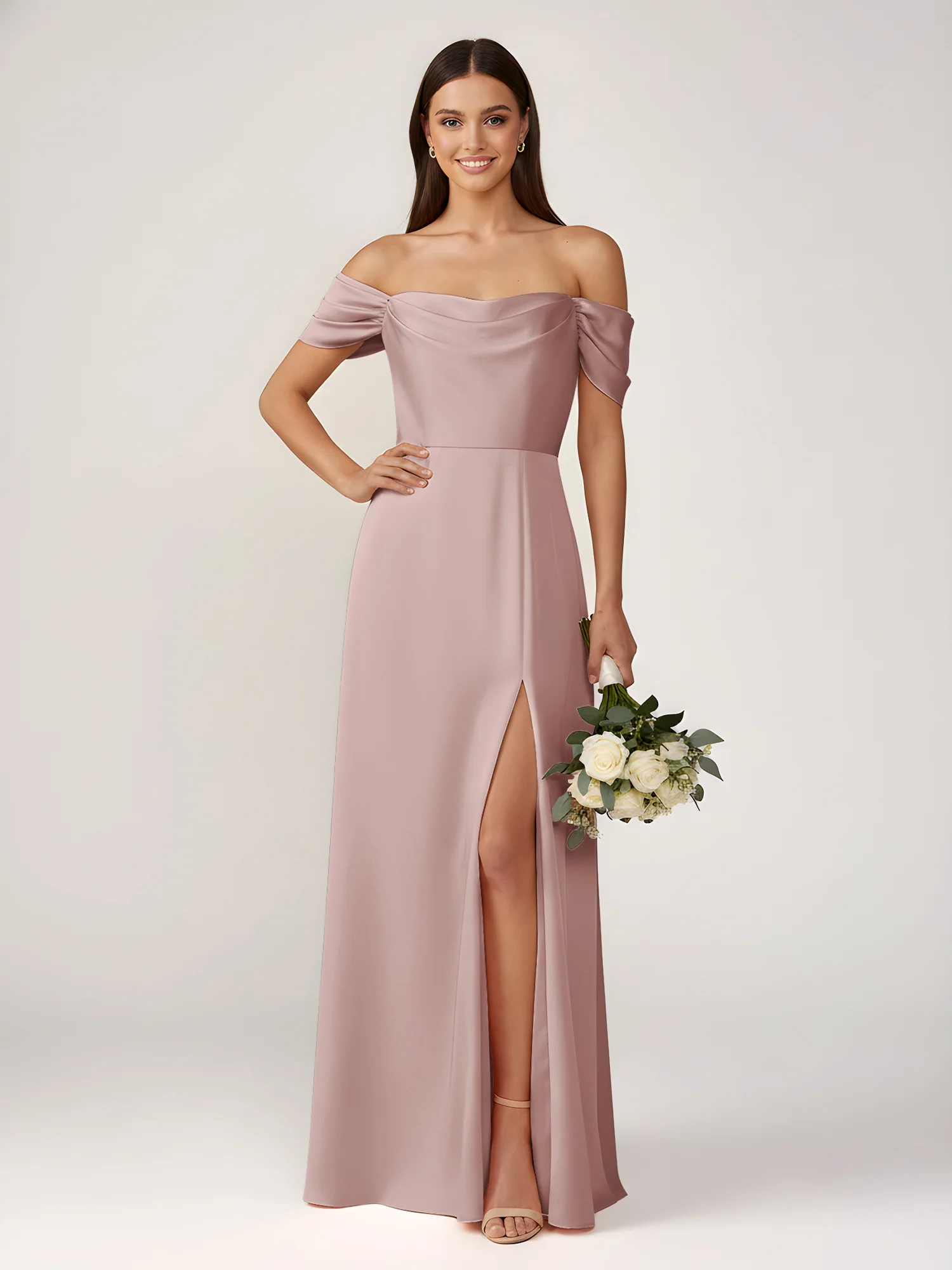 Off-The-Shoulder A-Line Floor Length Dresses With Slit Dusty Rose