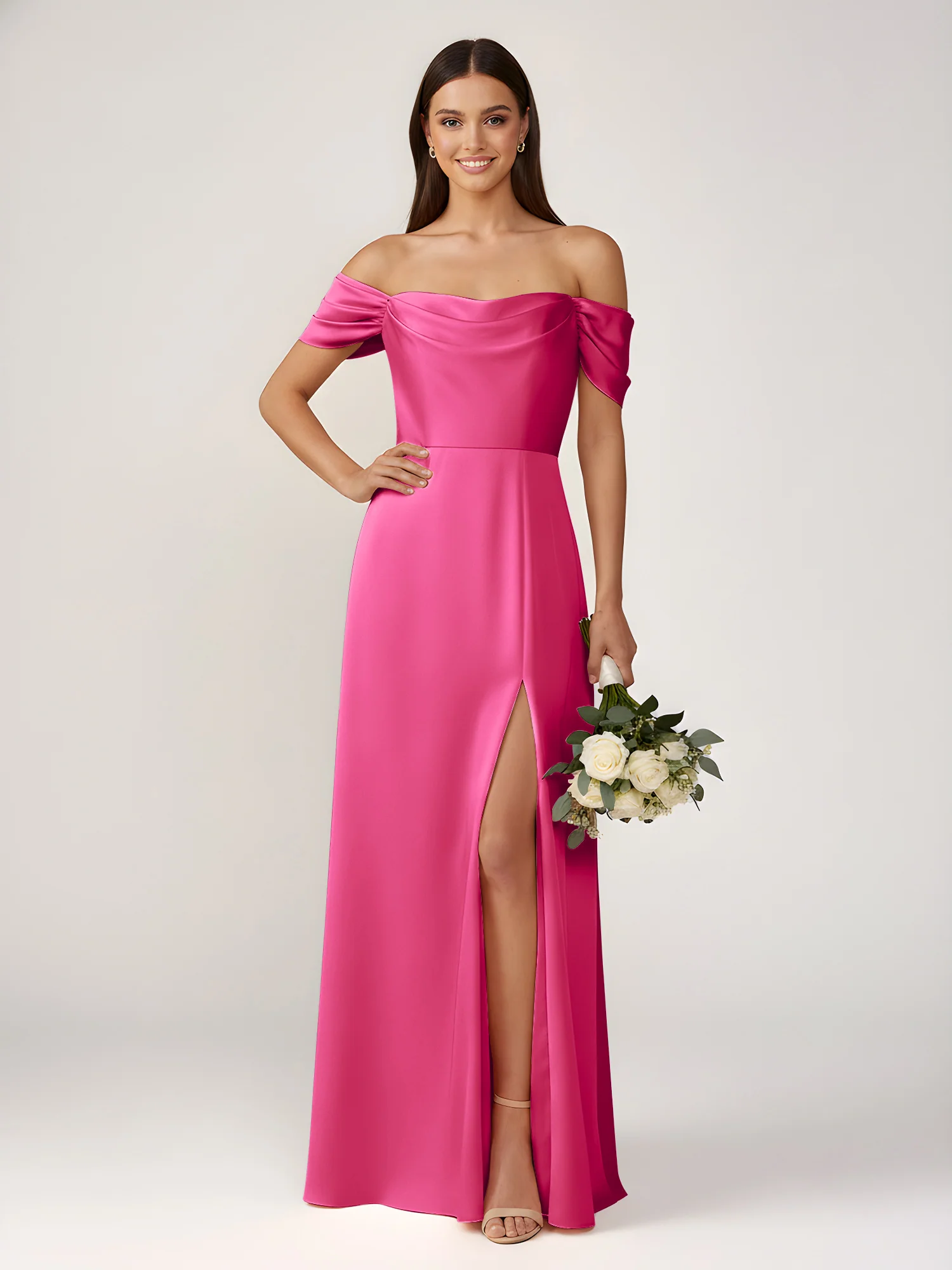 Off-The-Shoulder A-Line Floor Length Dresses With Slit Fuchsia