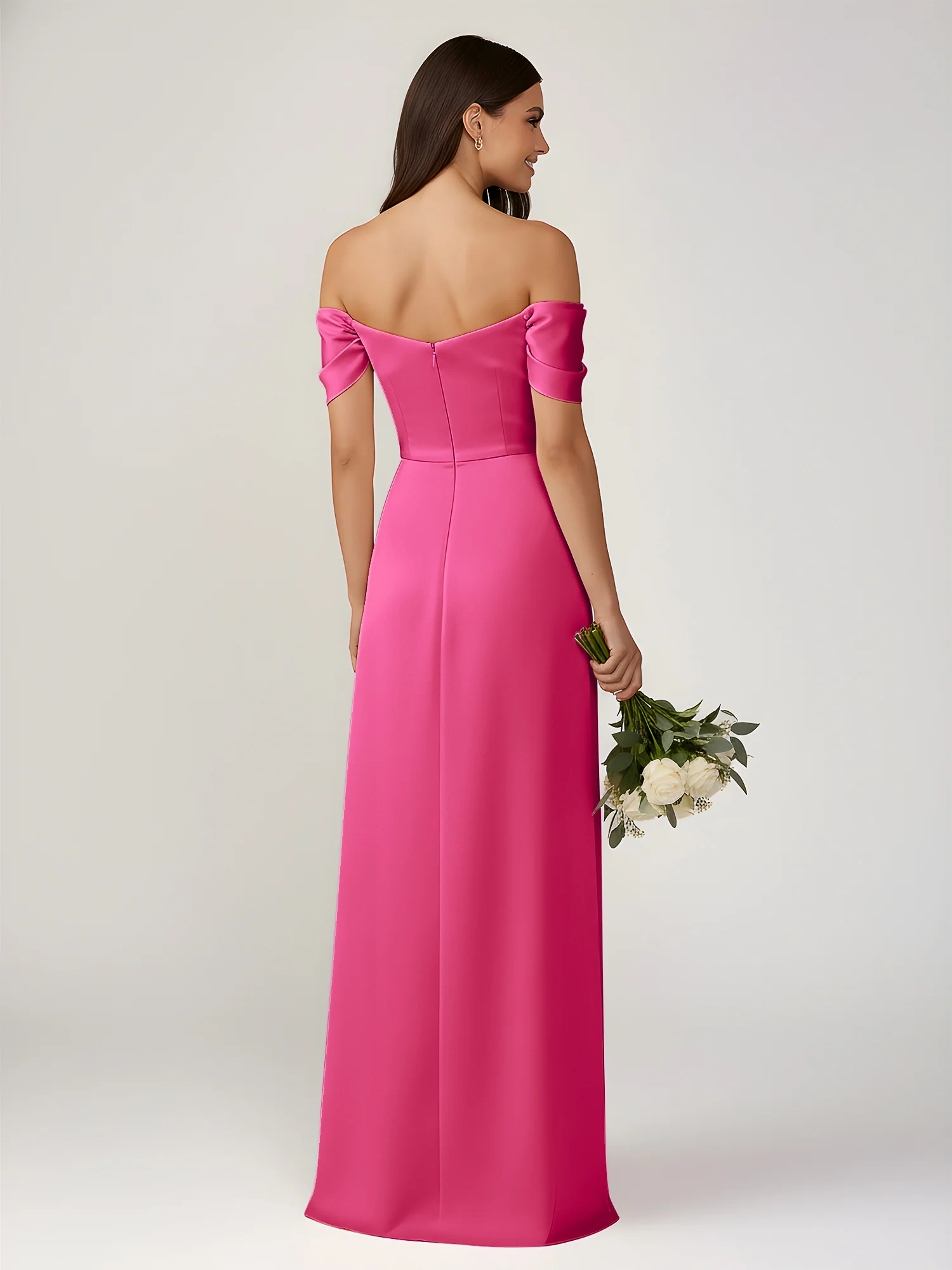 Off-The-Shoulder A-Line Floor Length Dresses With Slit Fuchsia - Image 2