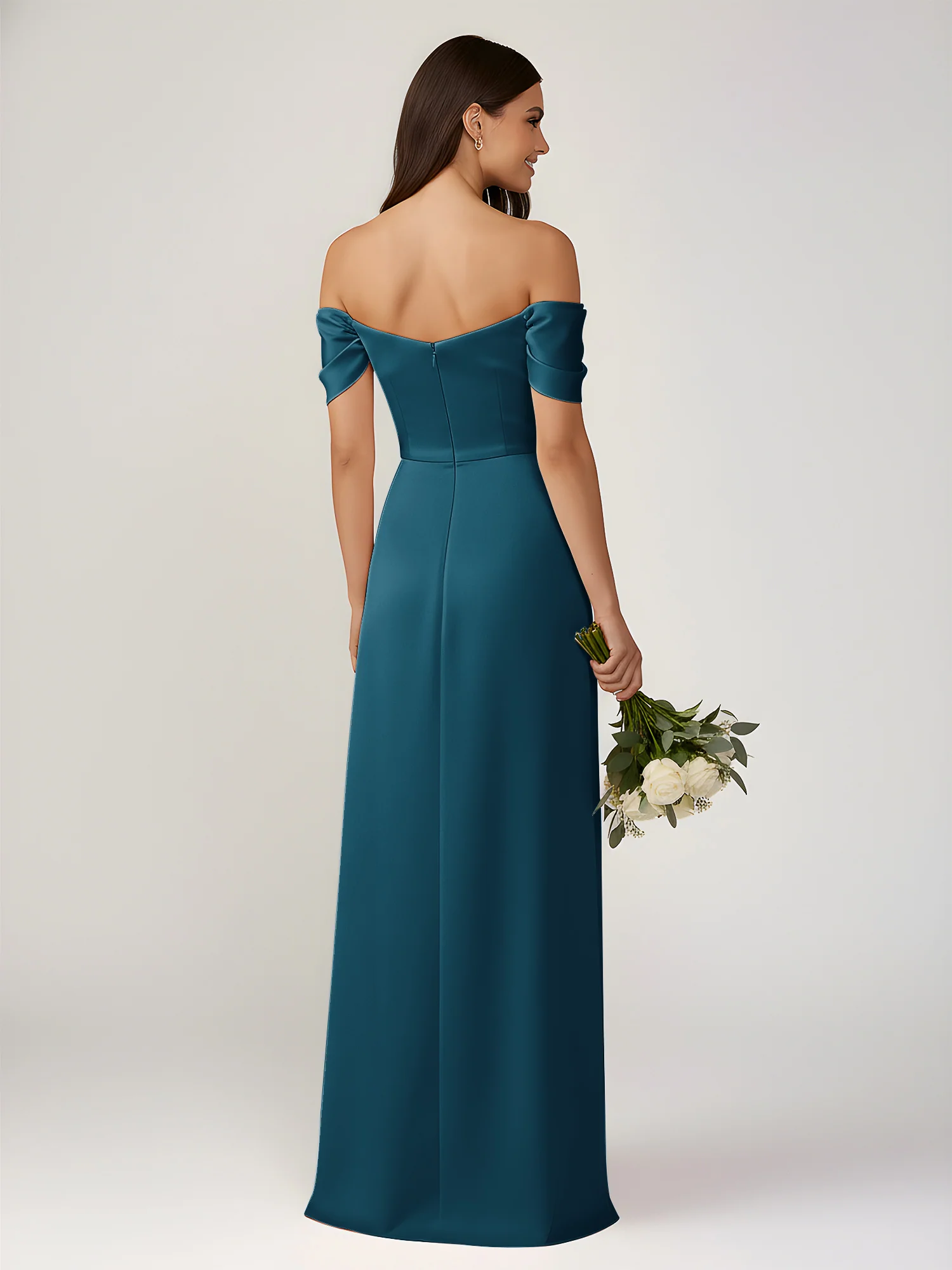 Off-The-Shoulder A-Line Floor Length Dresses With Slit Ink Blue - Image 2