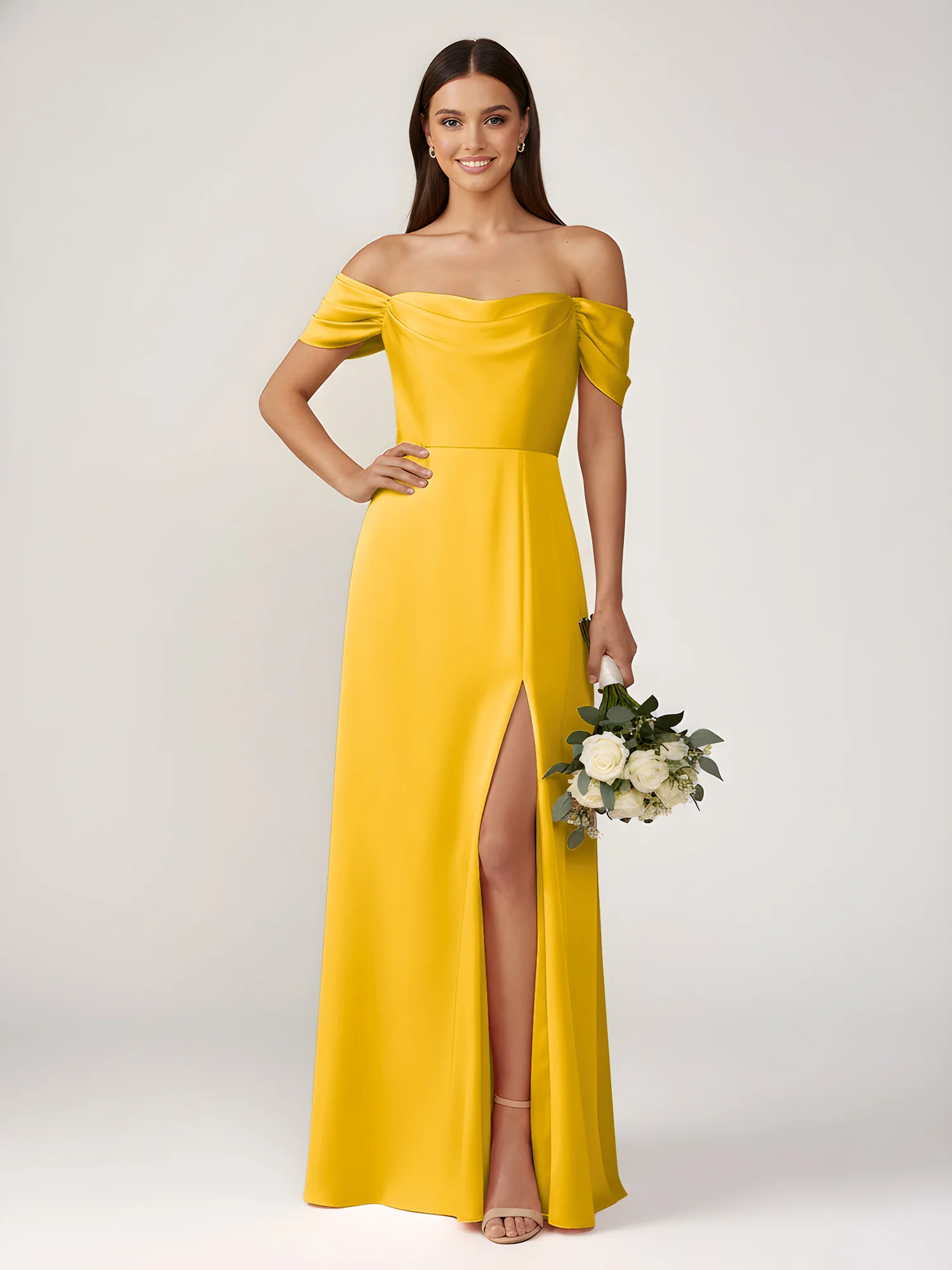 Off-The-Shoulder A-Line Floor Length Dresses With Slit Marigold