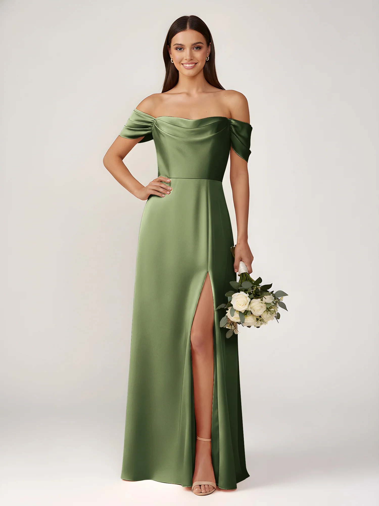 Off-The-Shoulder A-Line Floor Length Dresses With Slit Olive Green