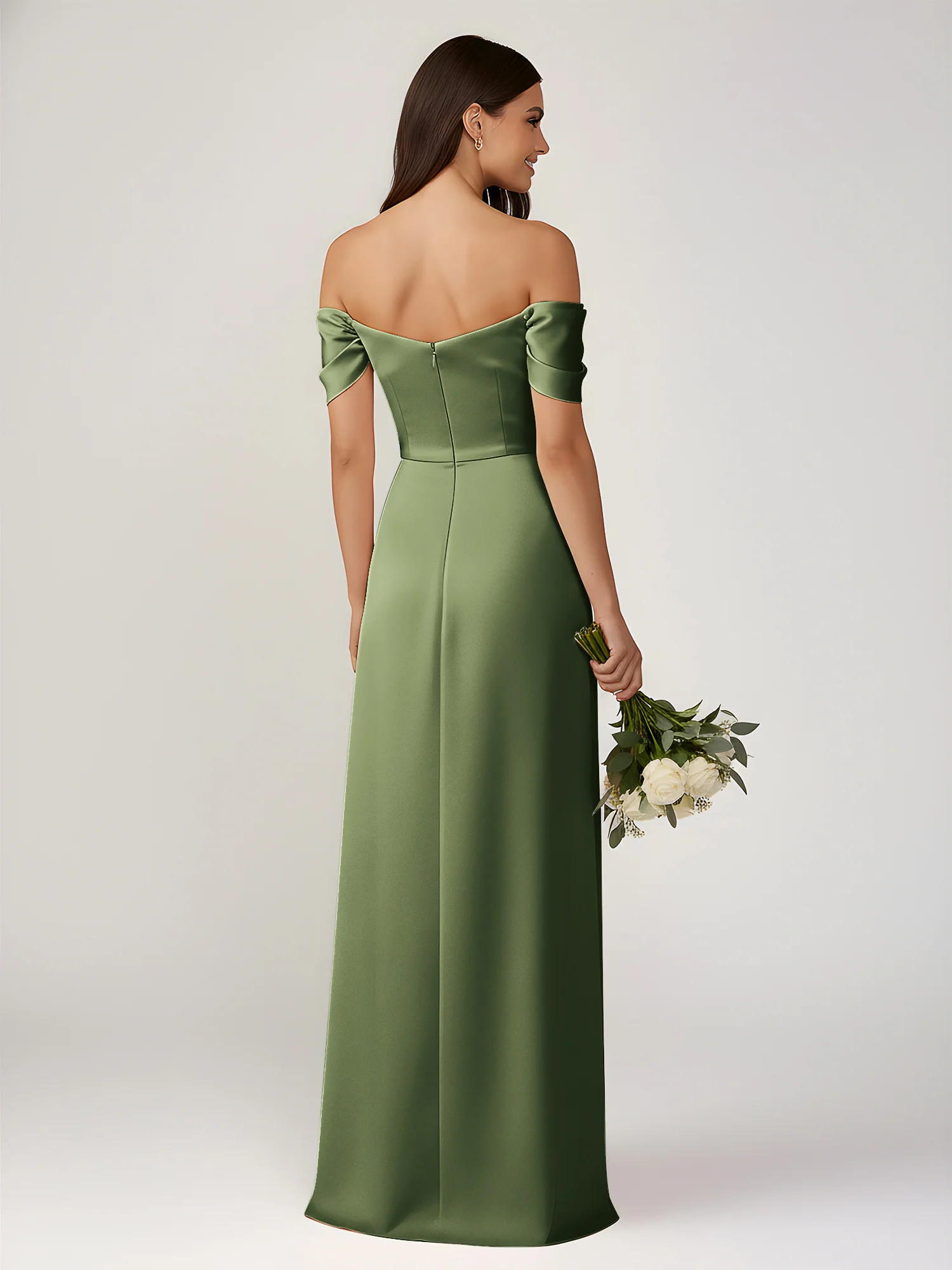 Off-The-Shoulder A-Line Floor Length Dresses With Slit Olive Green - Image 2