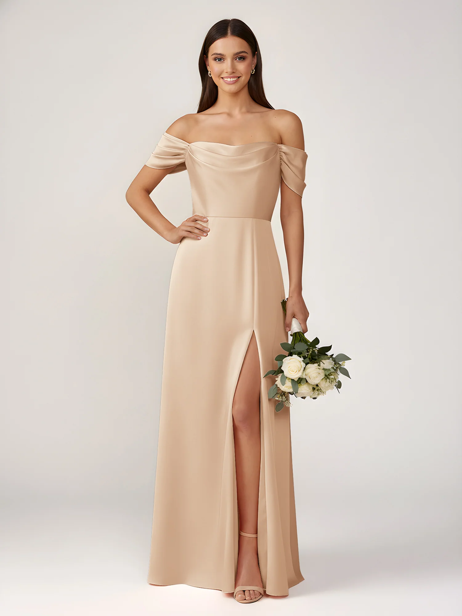 Off-The-Shoulder A-Line Floor Length Dresses With Slit Peach