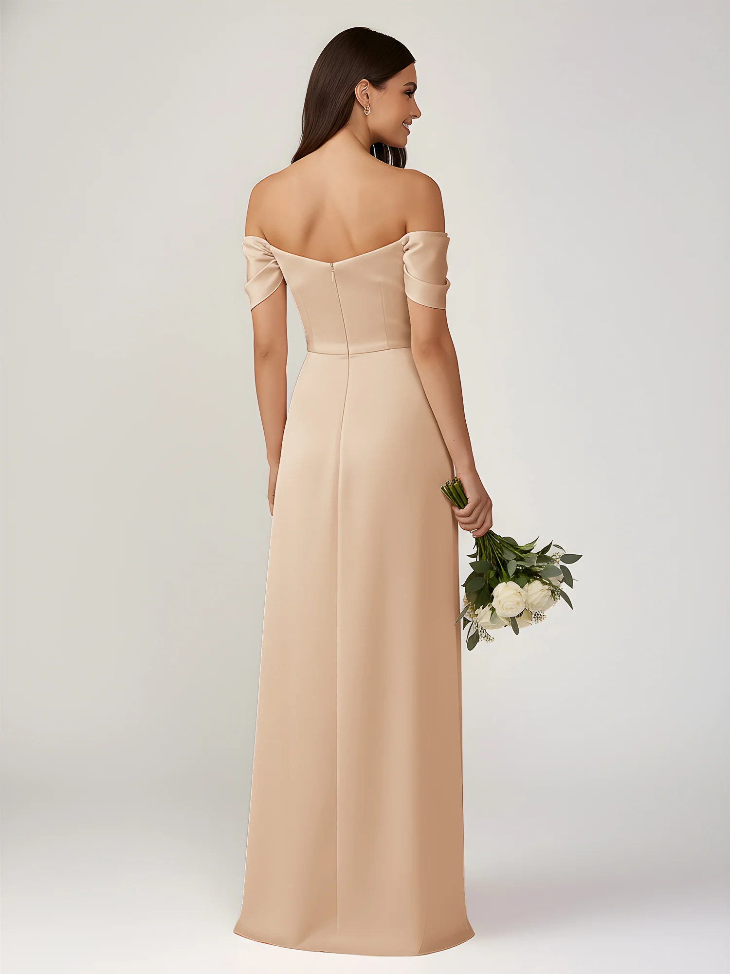 Off-The-Shoulder A-Line Floor Length Dresses With Slit Peach - Image 2