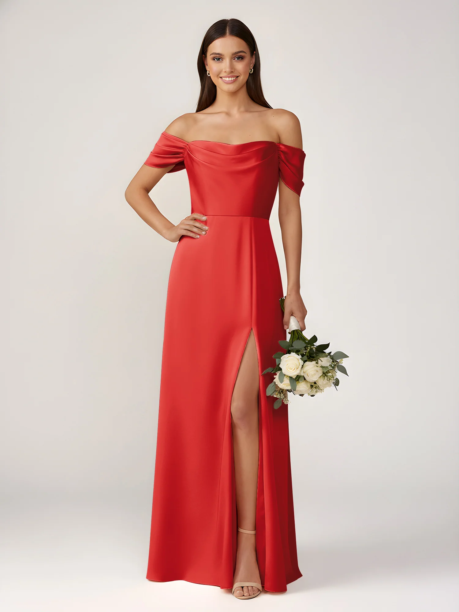 Off-The-Shoulder A-Line Floor Length Dresses With Slit Red