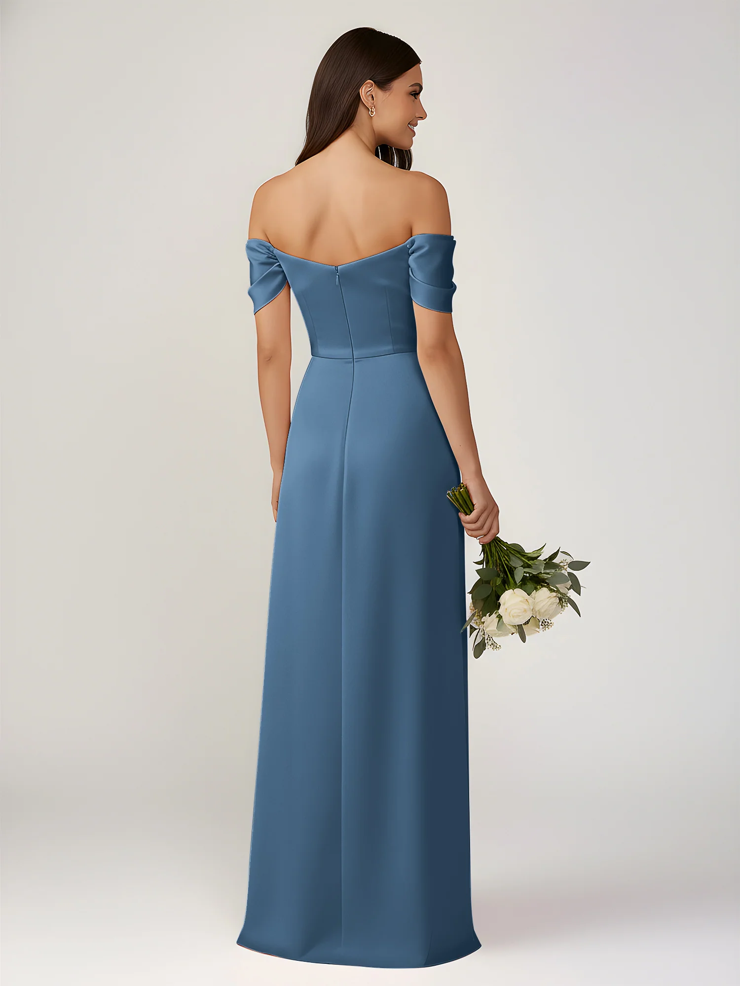 Off-The-Shoulder A-Line Floor Length Dresses With Slit Slate Blue - Image 2