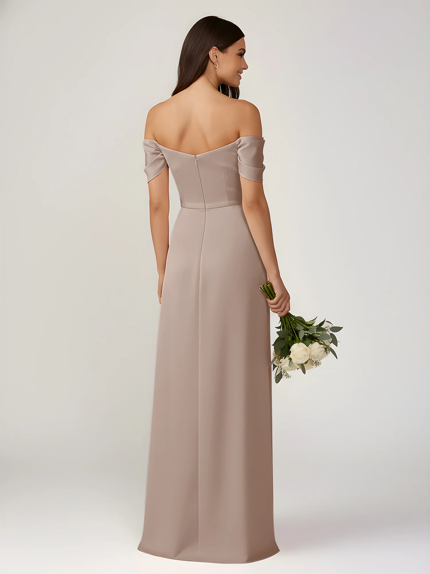 Off-The-Shoulder A-Line Floor Length Dresses With Slit Taupe - Image 2