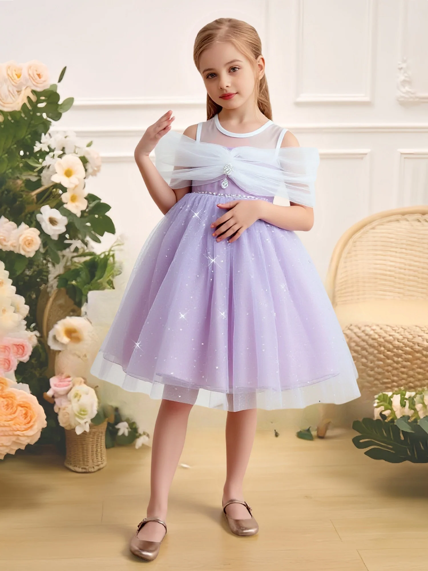 Sparkle Tulle Off-Shoulder Bow Back Flower Girl Dress Lilac