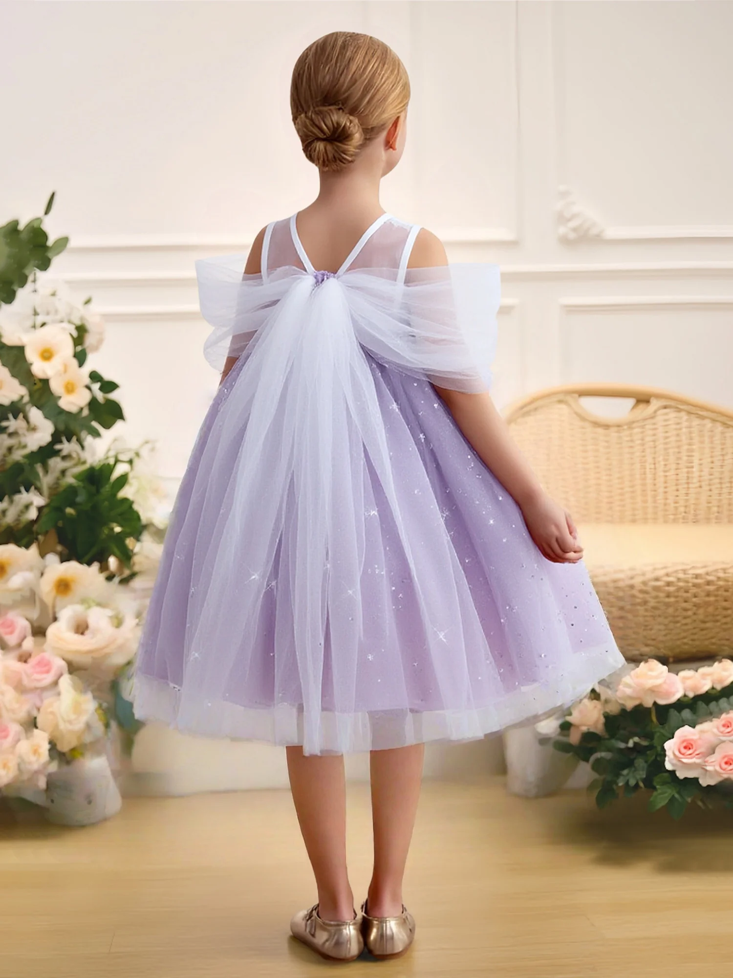 Sparkle Tulle Off-Shoulder Bow Back Flower Girl Dress Lilac - Image 2