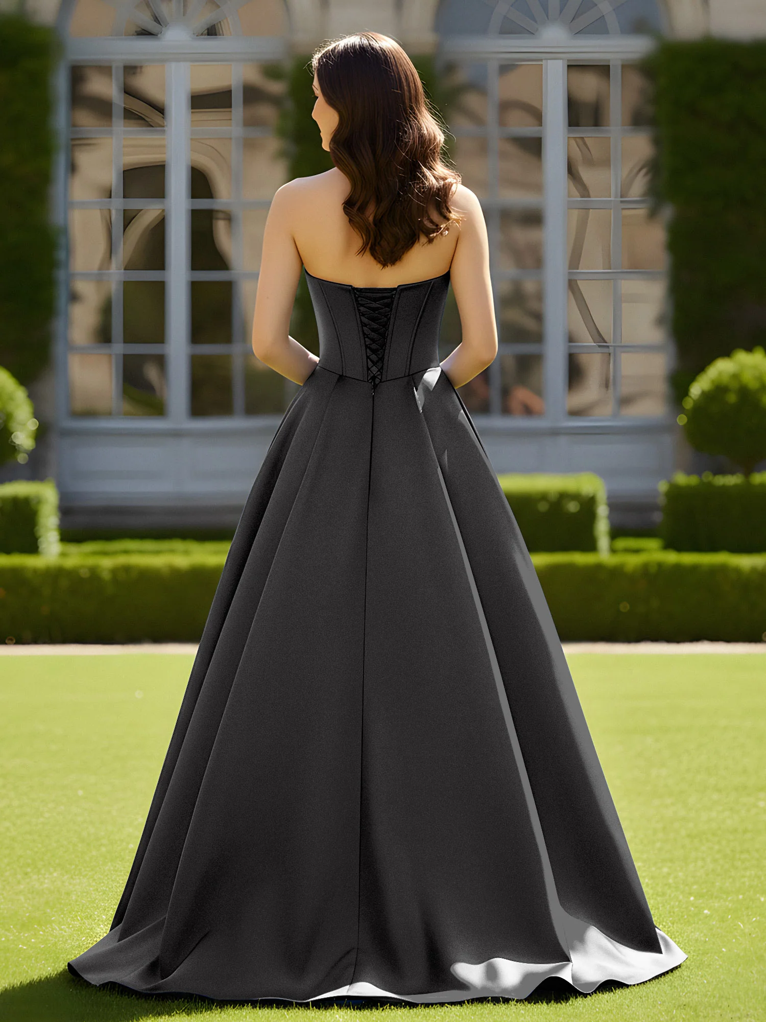 Sleeveless Sweep Train Satin Lace-Up Gown Black - Image 2