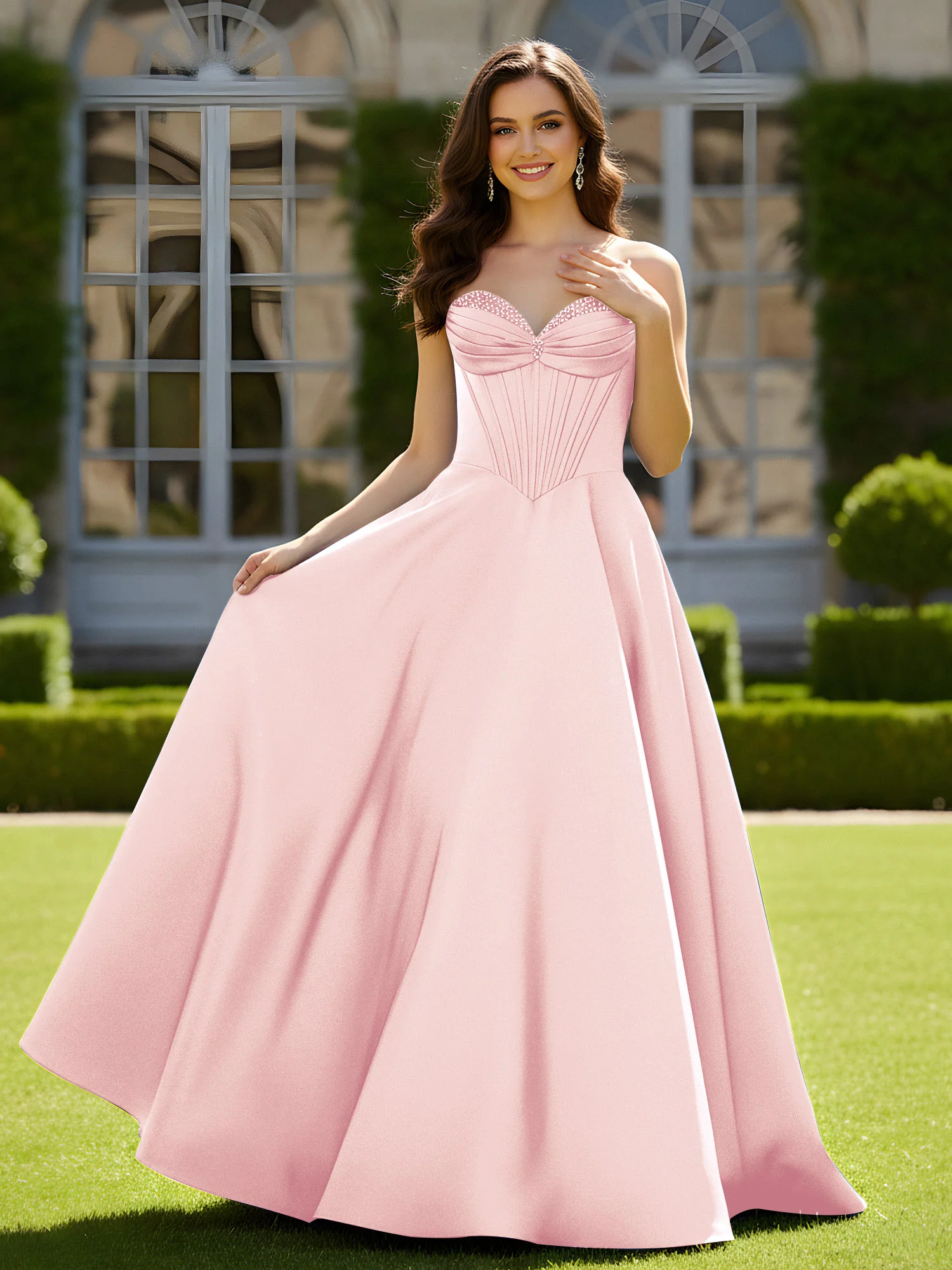 Sleeveless Sweep Train Satin Lace-Up Gown Blushing Pink