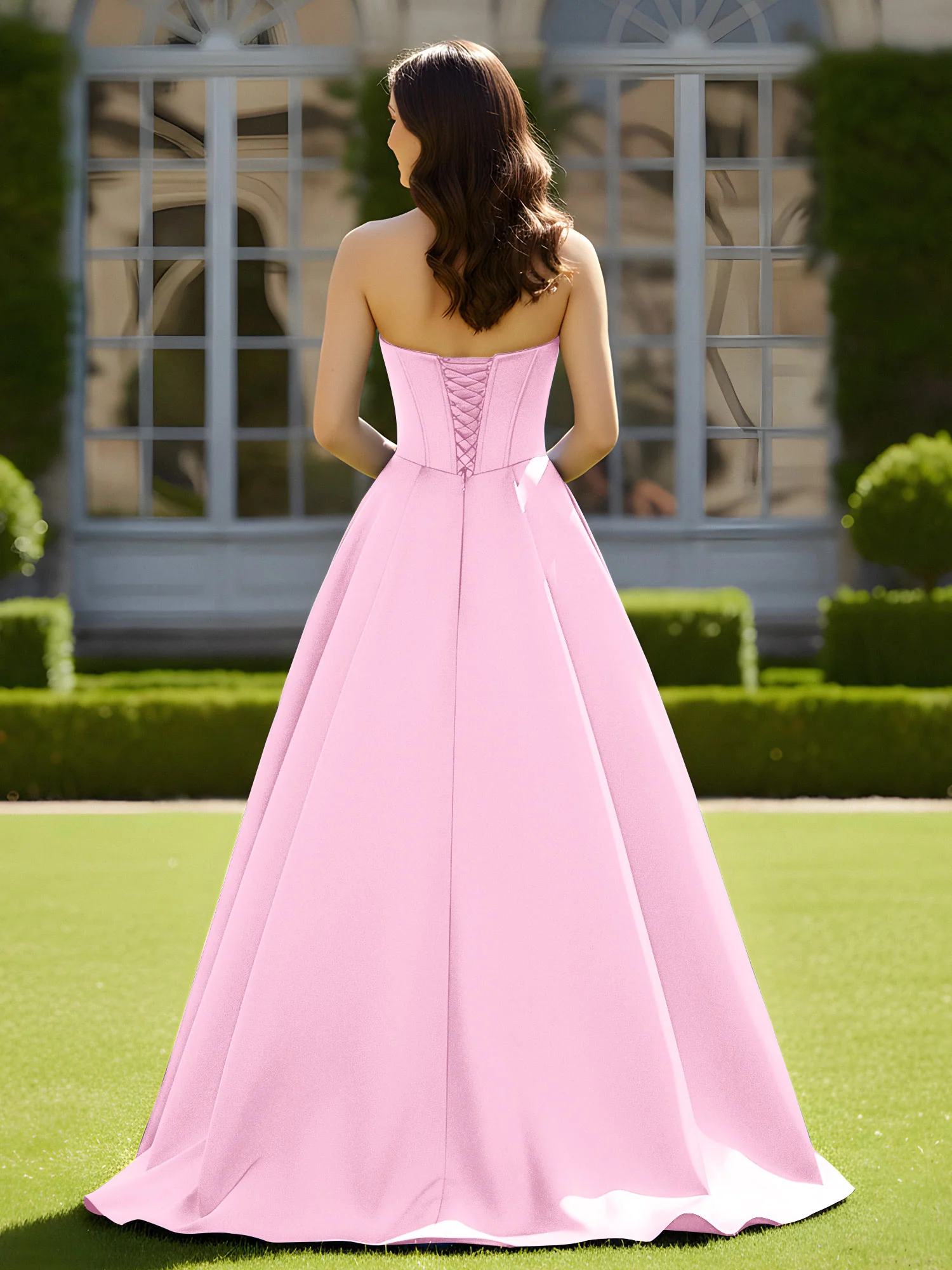 Sleeveless Sweep Train Satin Lace-Up Gown Candy Pink - Image 2