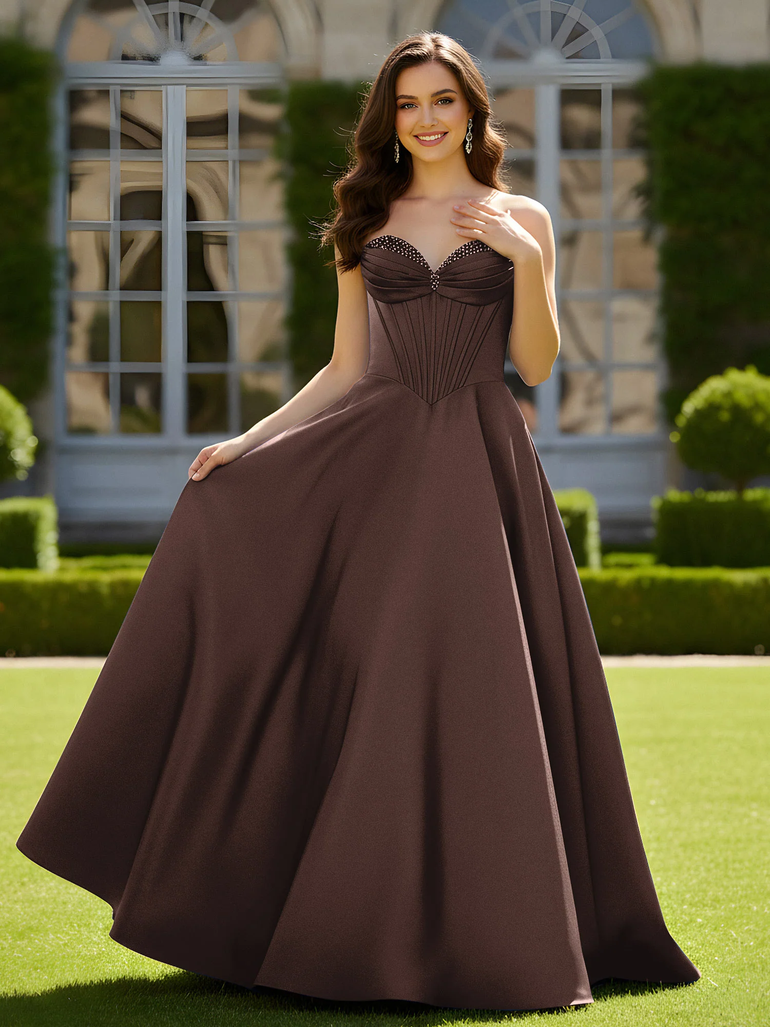 Sleeveless Sweep Train Satin Lace-Up Gown Chocolate