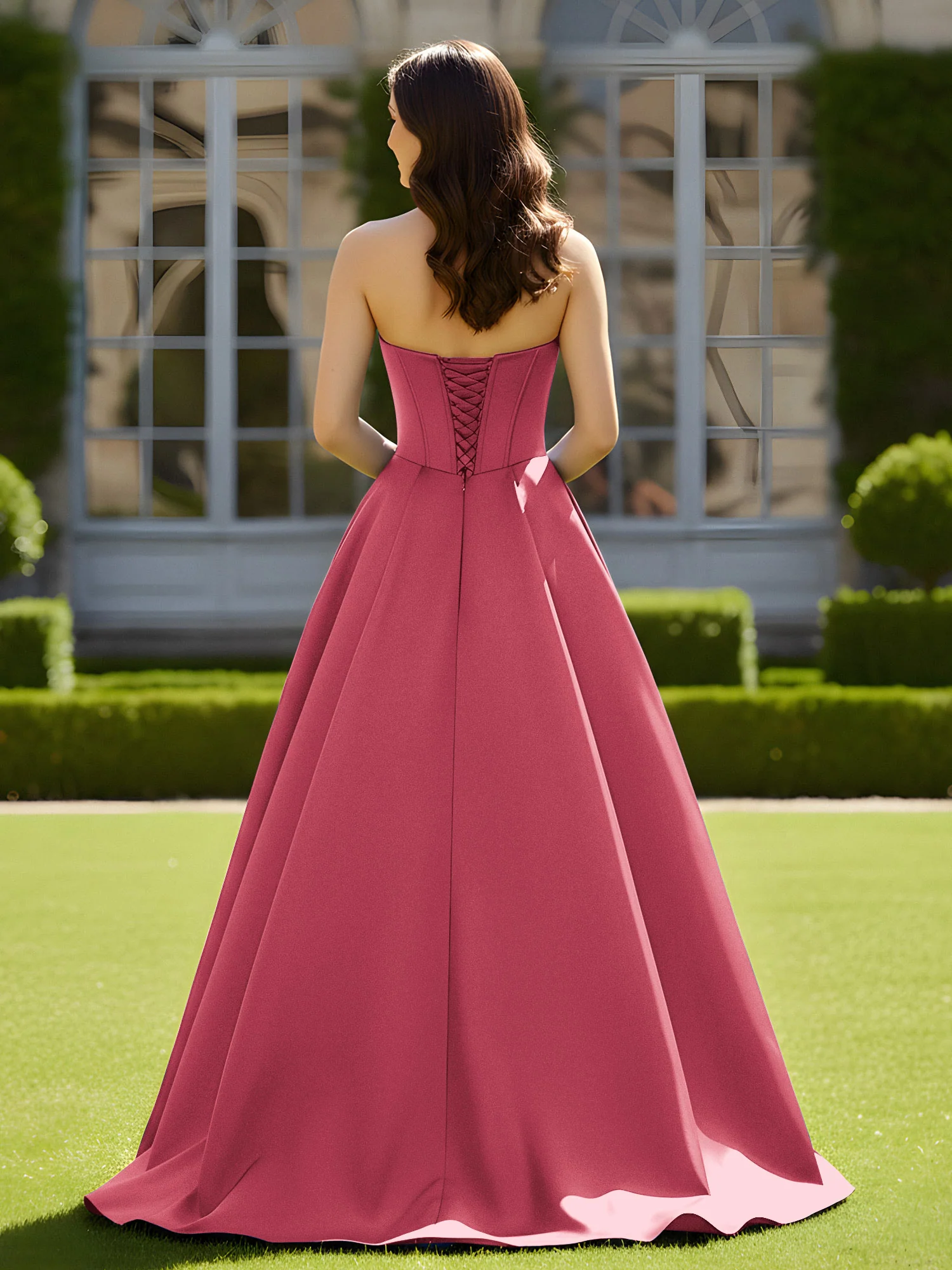 Sleeveless Sweep Train Satin Lace-Up Gown Cinnamon Rose - Image 2