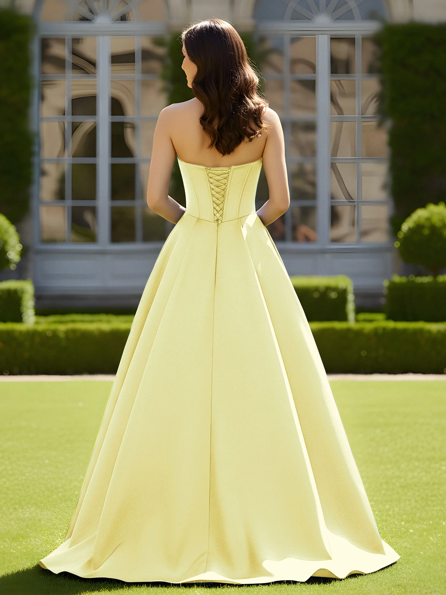 Sleeveless Sweep Train Satin Lace-Up Gown Daffodil - Image 2