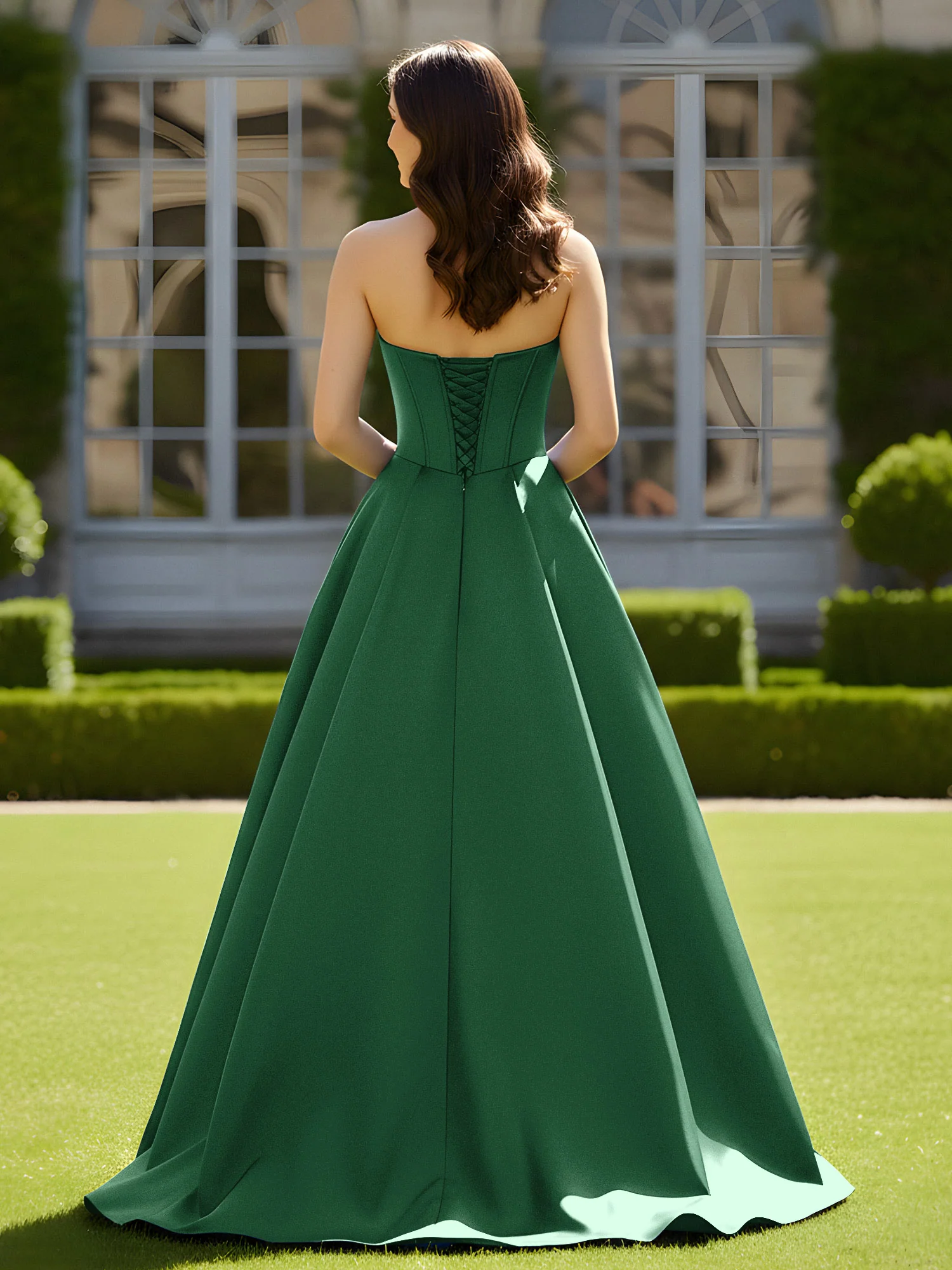 Sleeveless Sweep Train Satin Lace-Up Gown Dark Green - Image 2