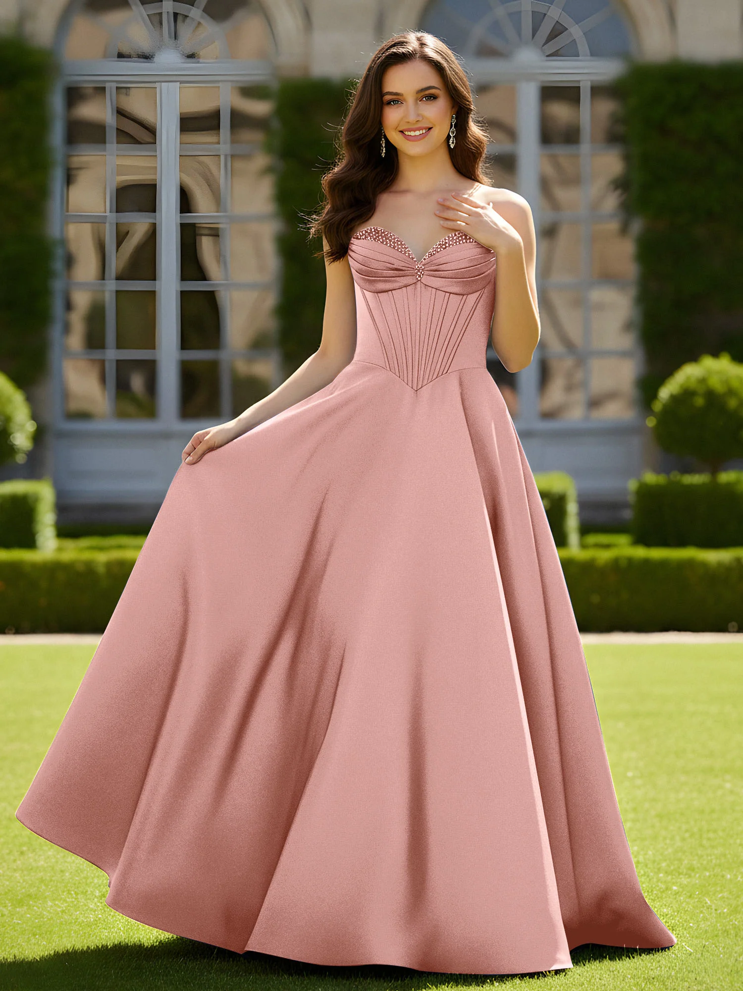 Sleeveless Sweep Train Satin Lace-Up Gown Dusty Rose