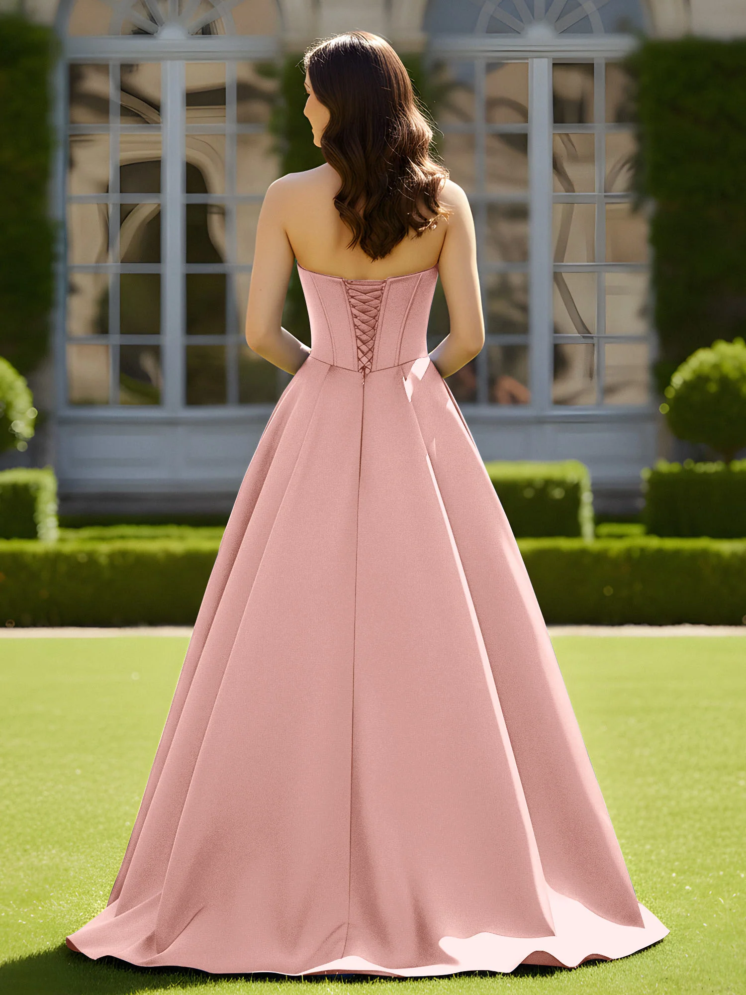 Sleeveless Sweep Train Satin Lace-Up Gown Dusty Rose - Image 2