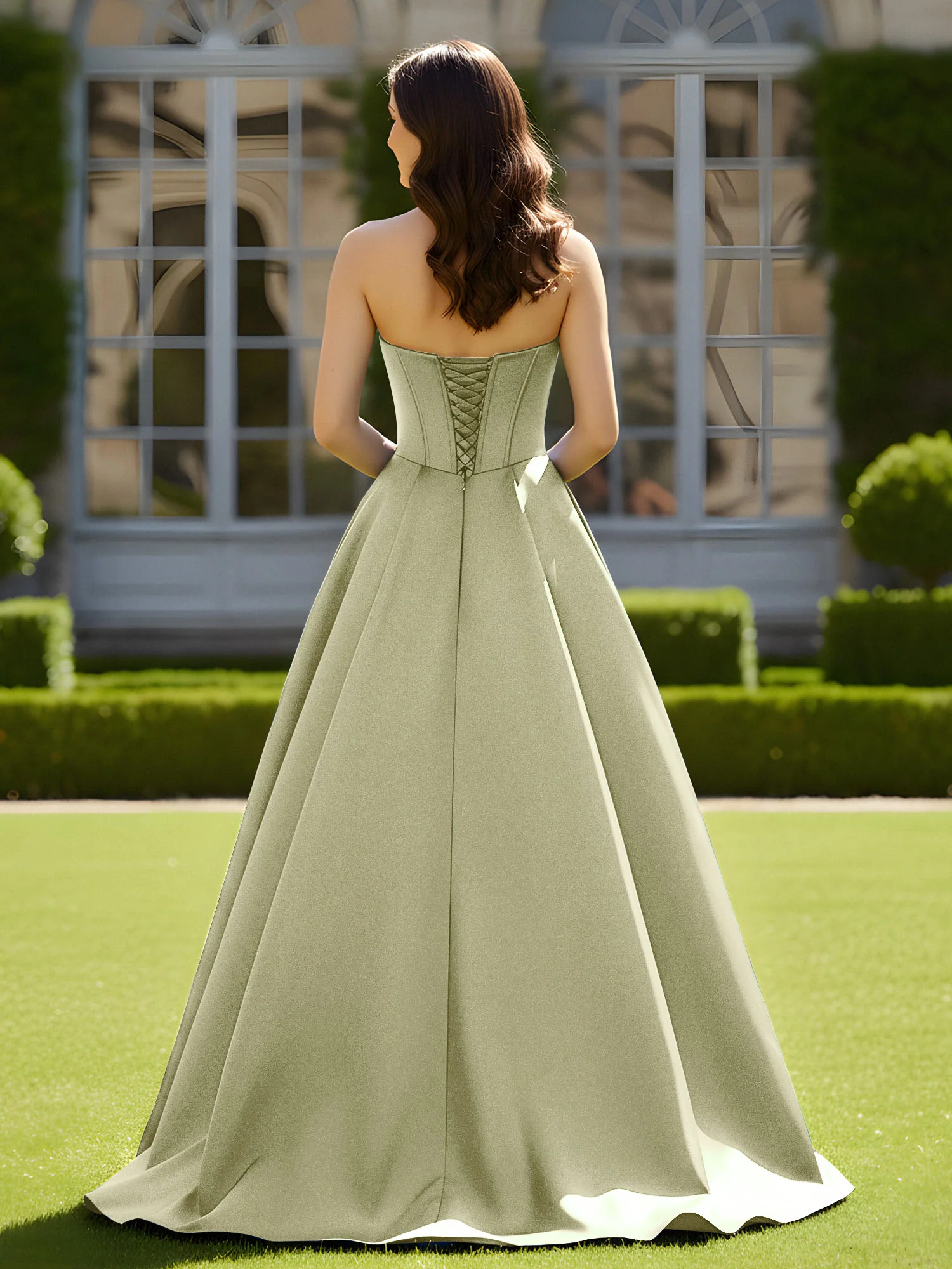 Sleeveless Sweep Train Satin Lace-Up Gown Dusty Sage - Image 2