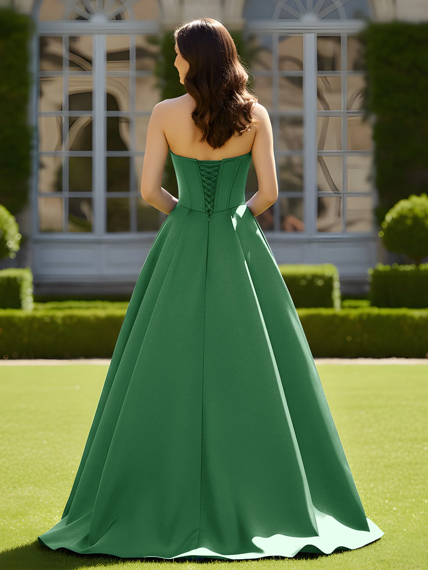 Sleeveless Sweep Train Satin Lace-Up Gown Emerald - Image 2