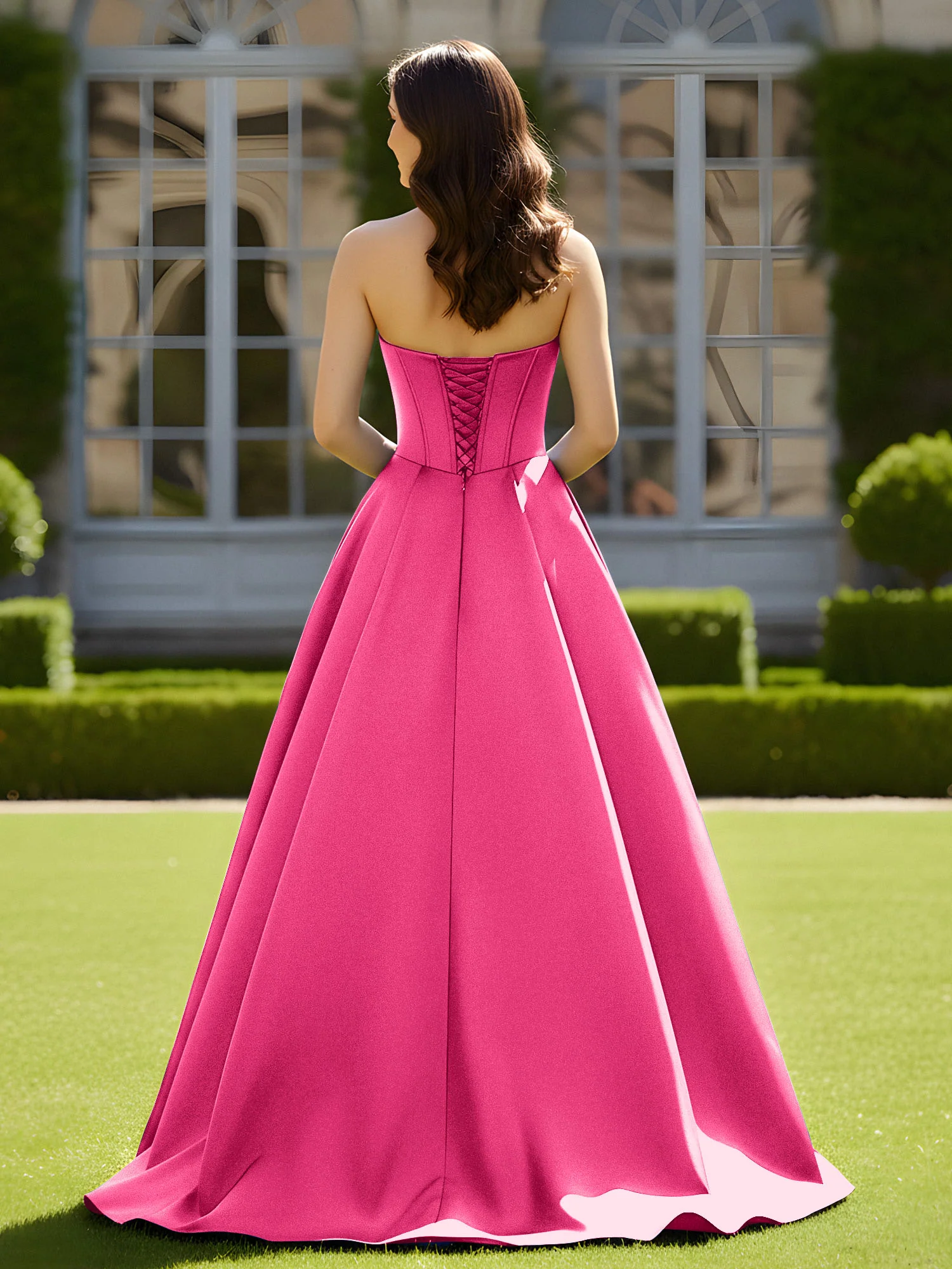 Sleeveless Sweep Train Satin Lace-Up Gown Fuchsia - Image 2