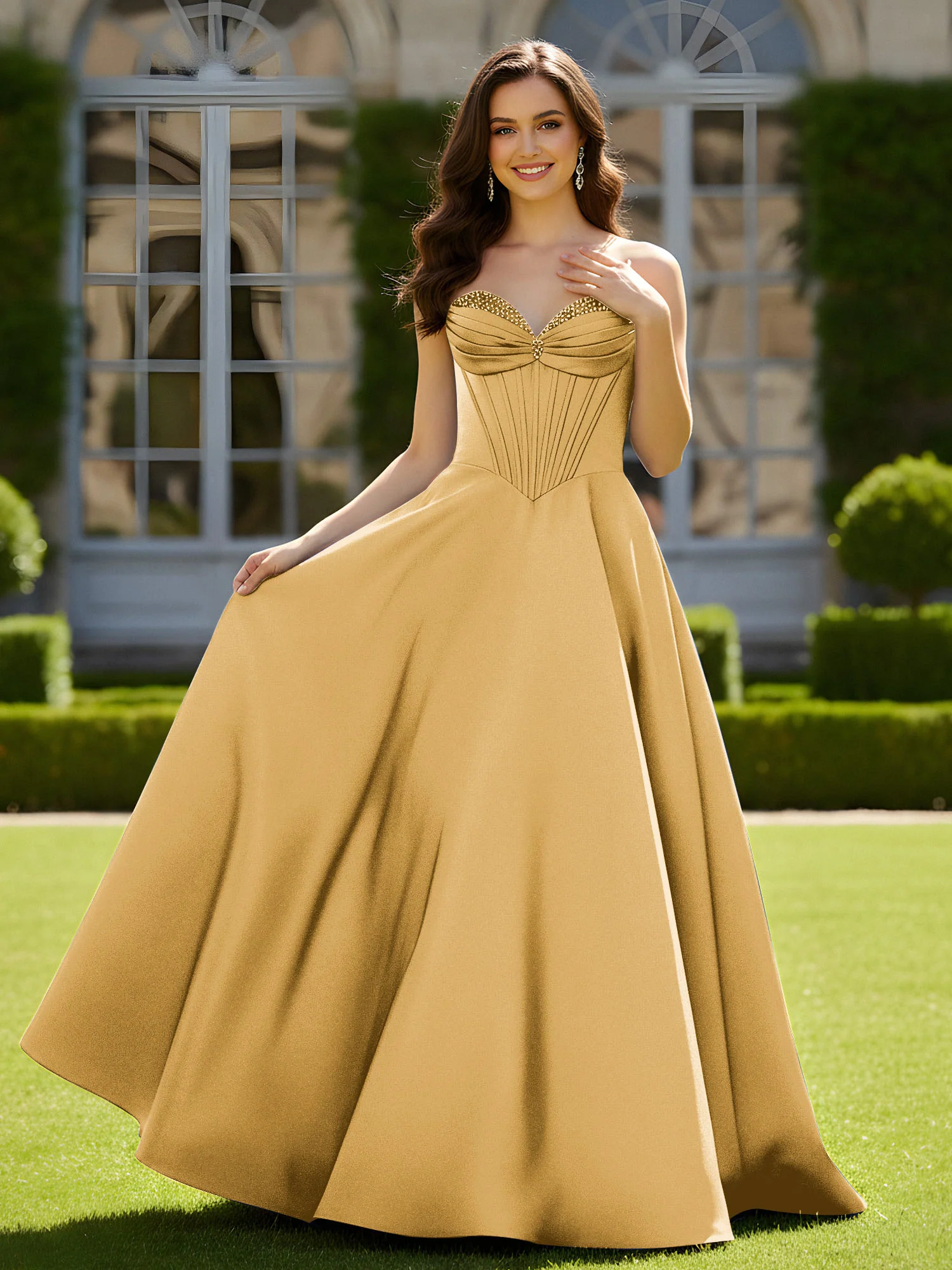 Sleeveless Sweep Train Satin Lace-Up Gown Gold