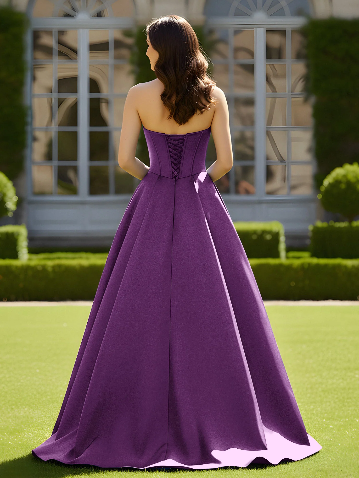 Sleeveless Sweep Train Satin Lace-Up Gown Grape - Image 2