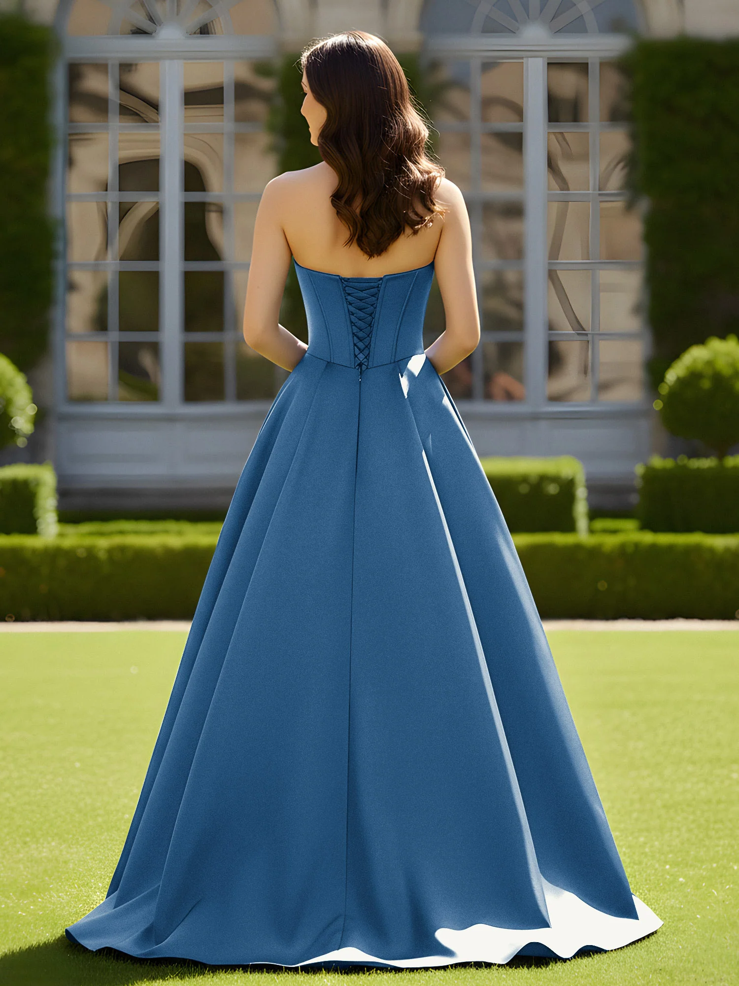 Sleeveless Sweep Train Satin Lace-Up Gown Ink Blue - Image 2