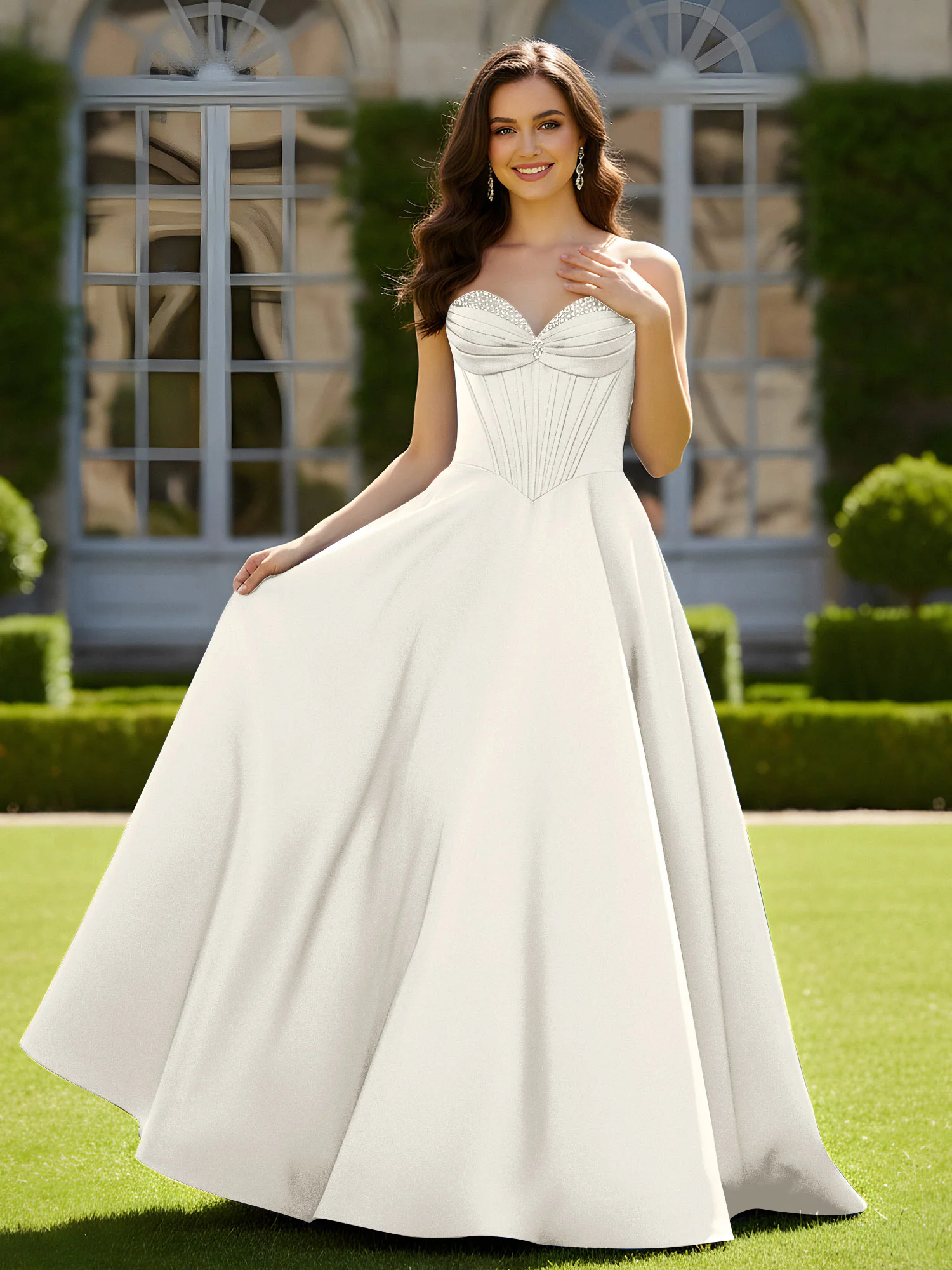 Sleeveless Sweep Train Satin Lace-Up Gown Ivory
