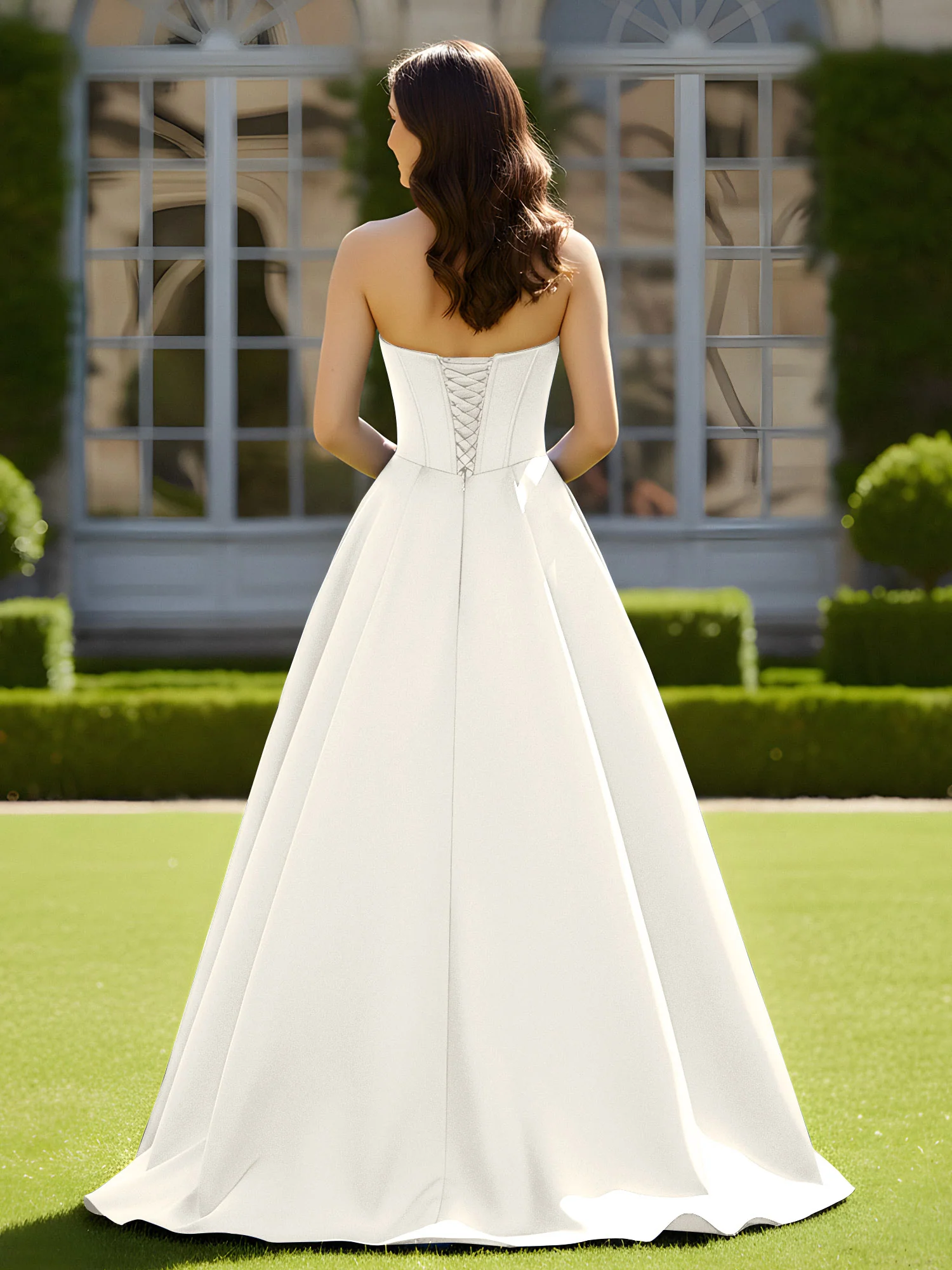 Sleeveless Sweep Train Satin Lace-Up Gown Ivory - Image 2
