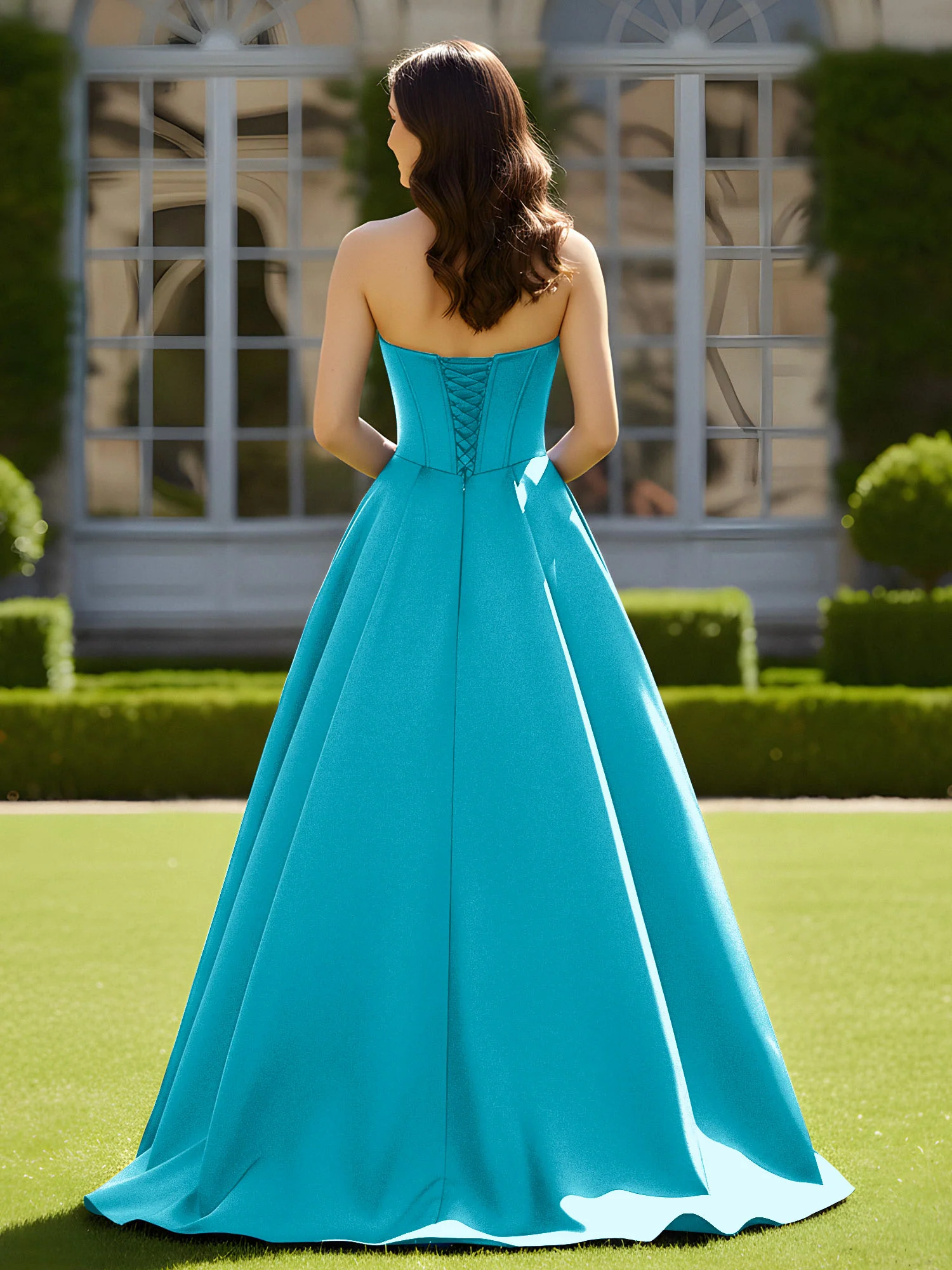 Sleeveless Sweep Train Satin Lace-Up Gown Jade - Image 2