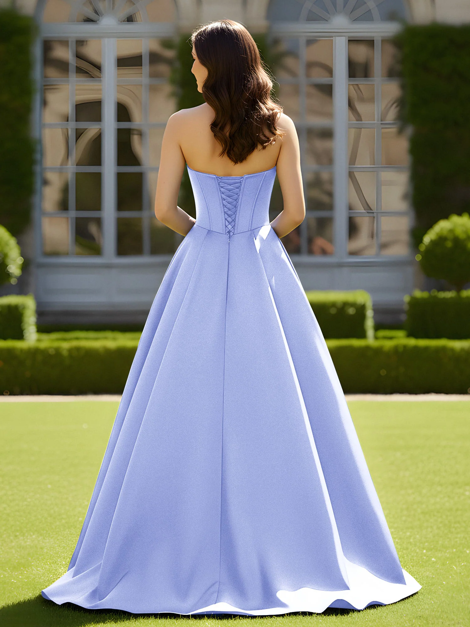 Sleeveless Sweep Train Satin Lace-Up Gown Lavender - Image 2