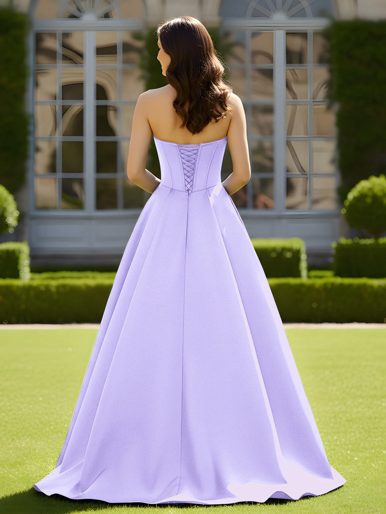 Sleeveless Sweep Train Satin Lace-Up Gown Lilac - Image 2