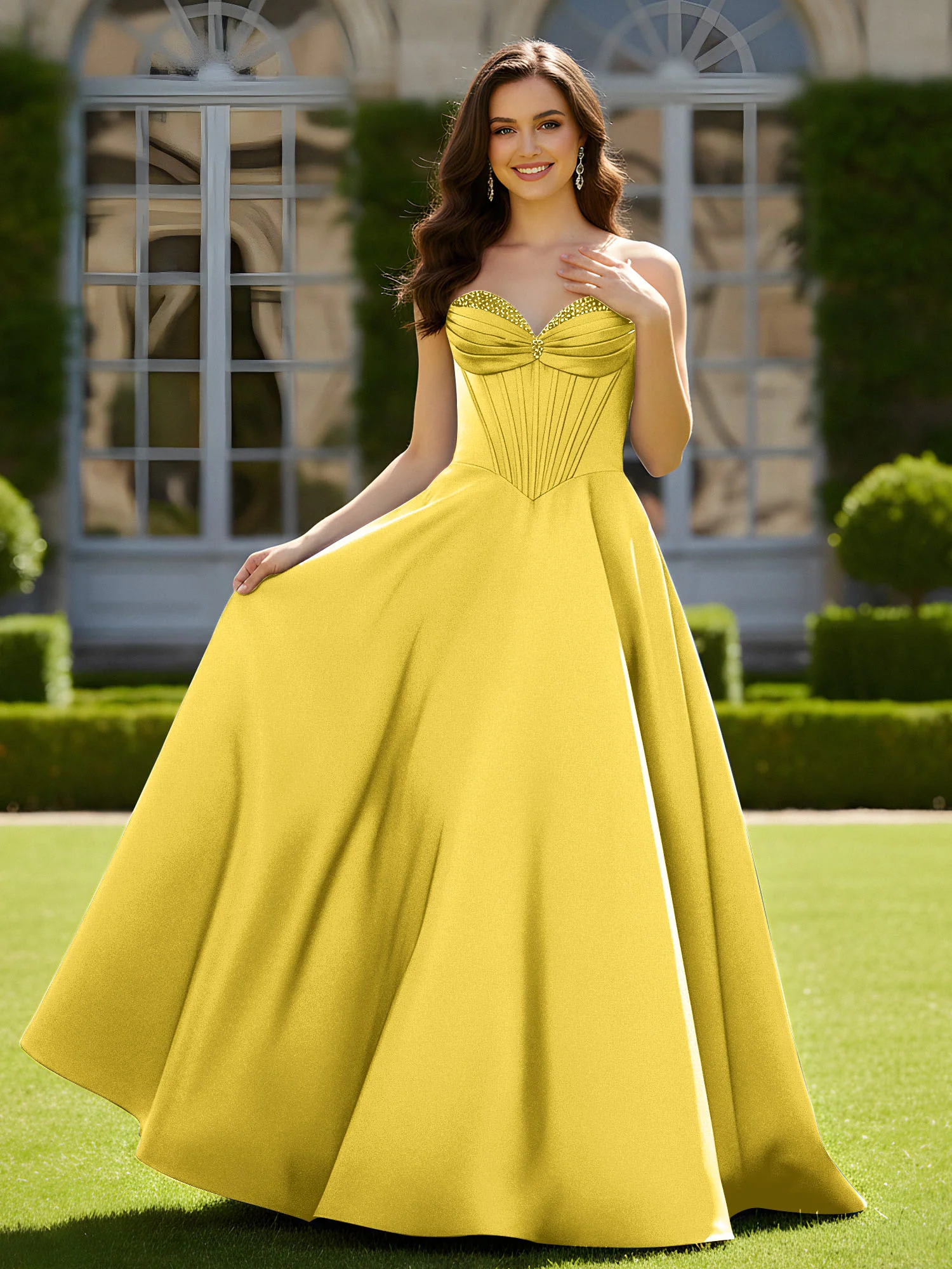 Sleeveless Sweep Train Satin Lace-Up Gown Marigold