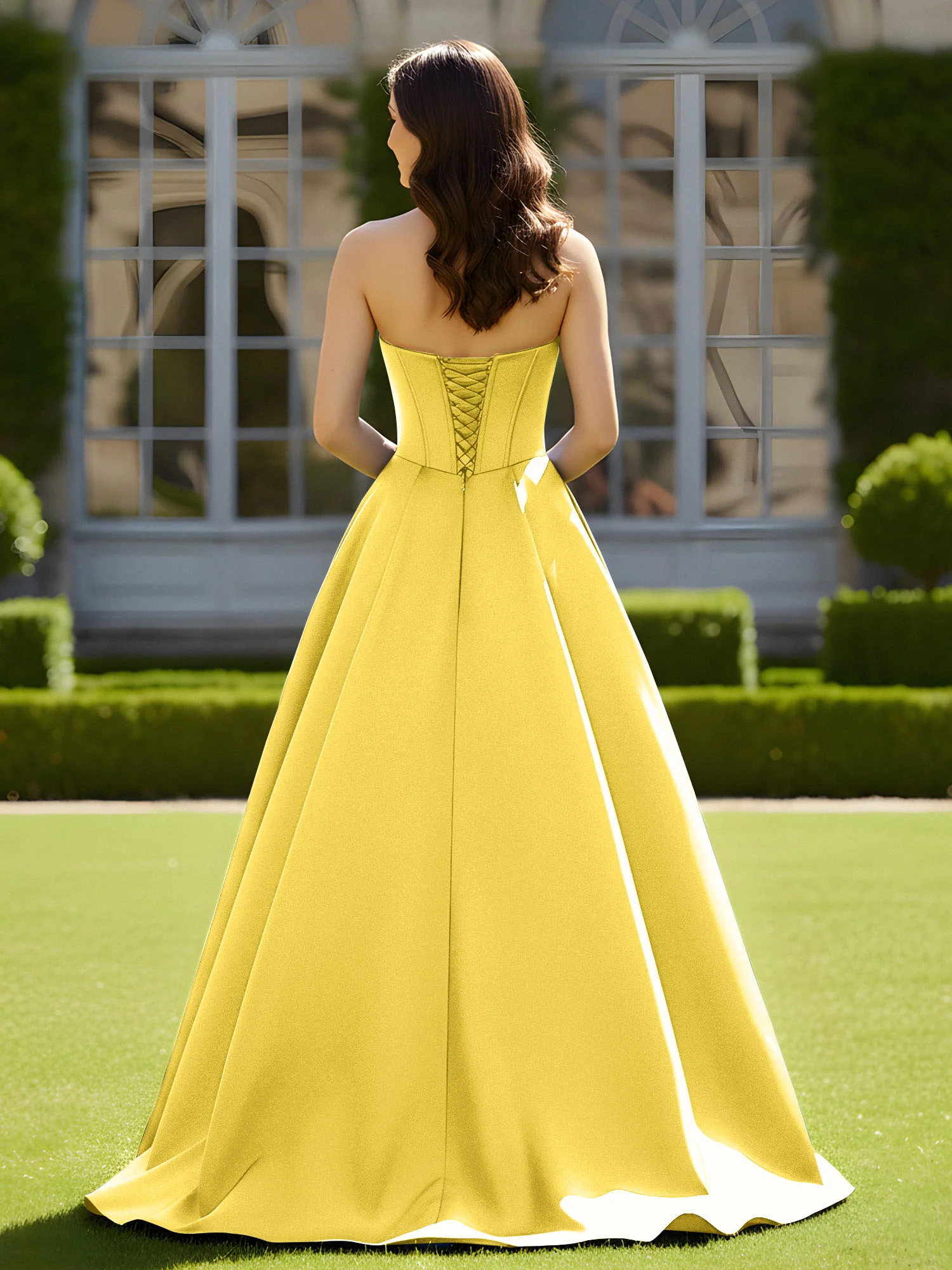 Sleeveless Sweep Train Satin Lace-Up Gown Marigold - Image 2