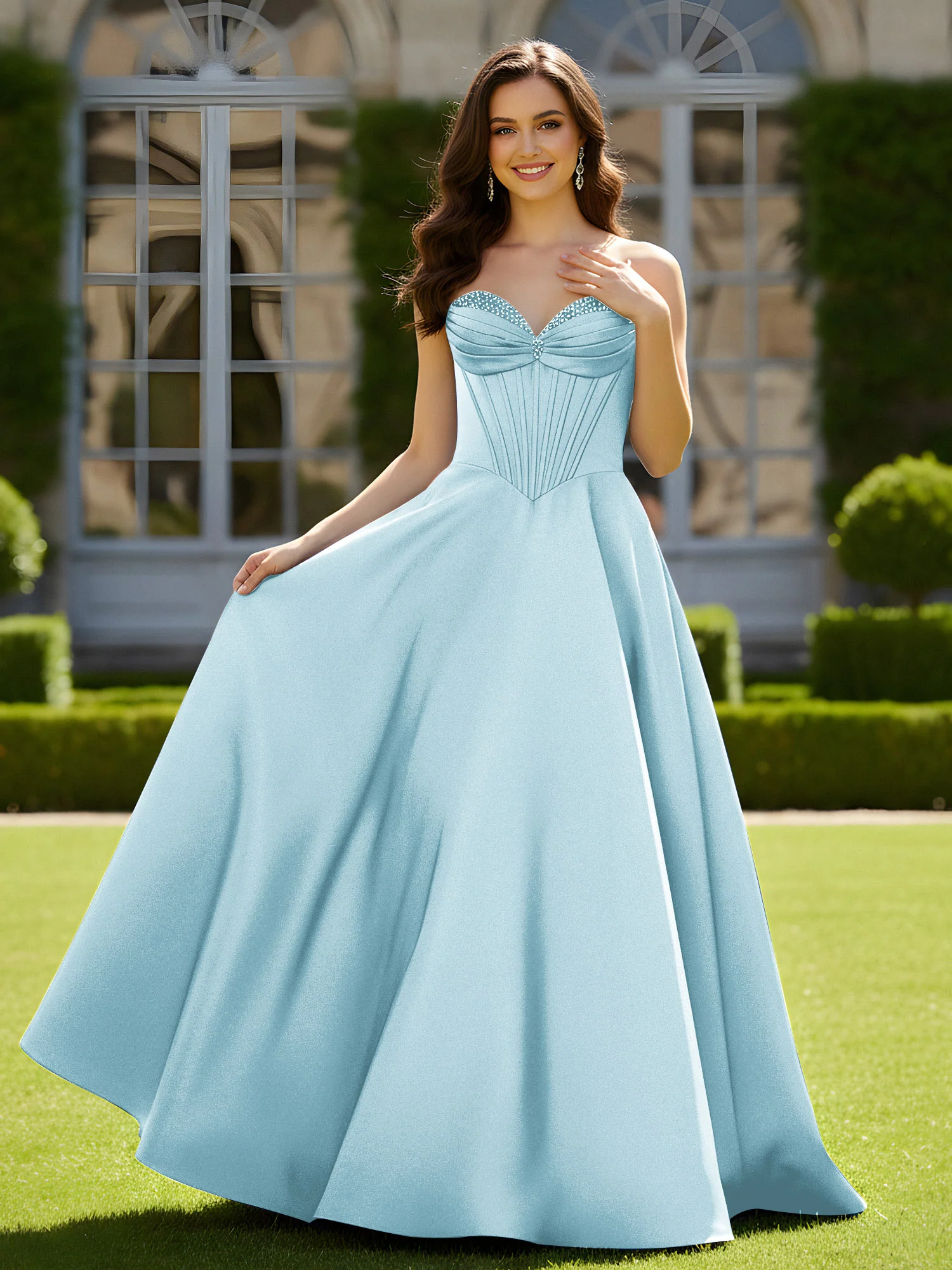 Sleeveless Sweep Train Satin Lace-Up Gown Mist