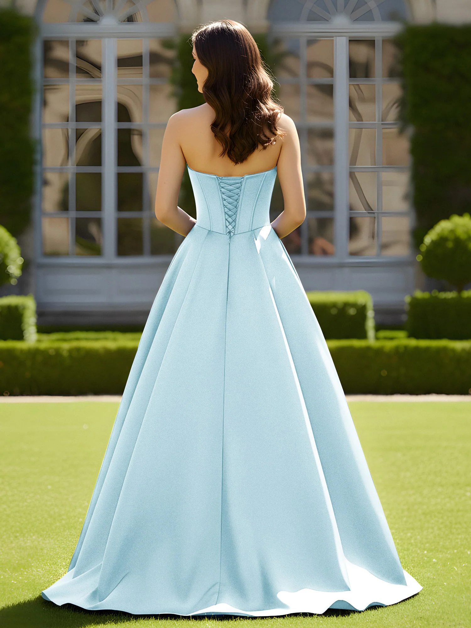 Sleeveless Sweep Train Satin Lace-Up Gown Mist - Image 2