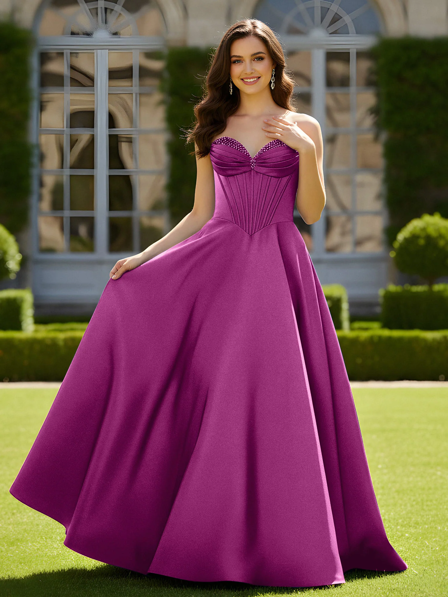 Sleeveless Sweep Train Satin Lace-Up Gown Orchid