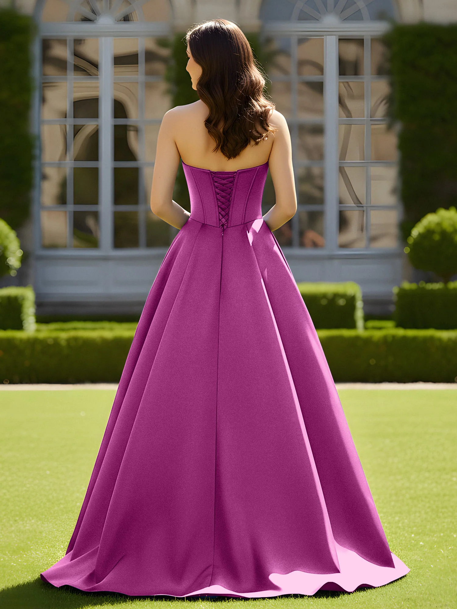 Sleeveless Sweep Train Satin Lace-Up Gown Orchid - Image 2
