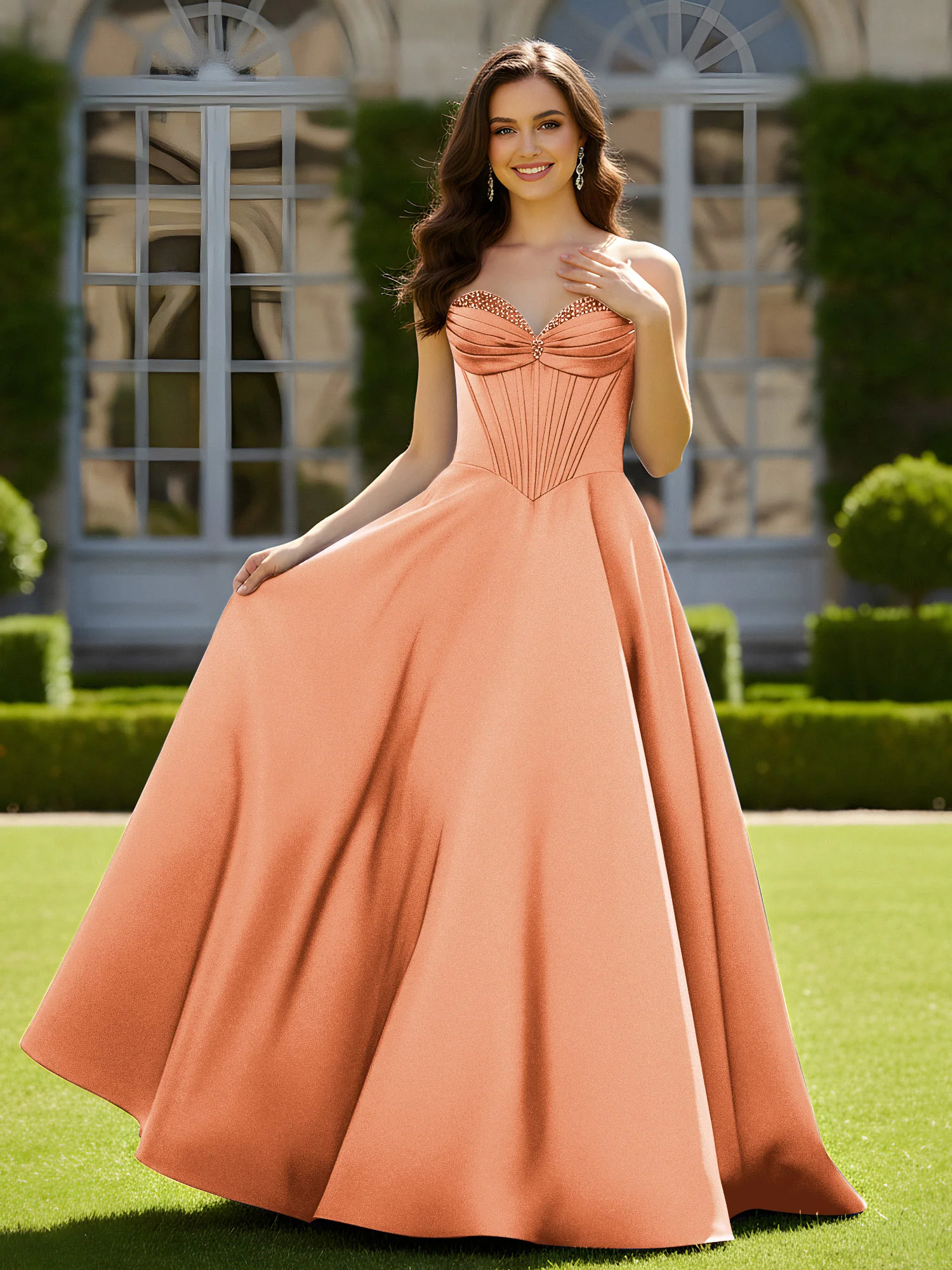 Sleeveless Sweep Train Satin Lace-Up Gown Papaya