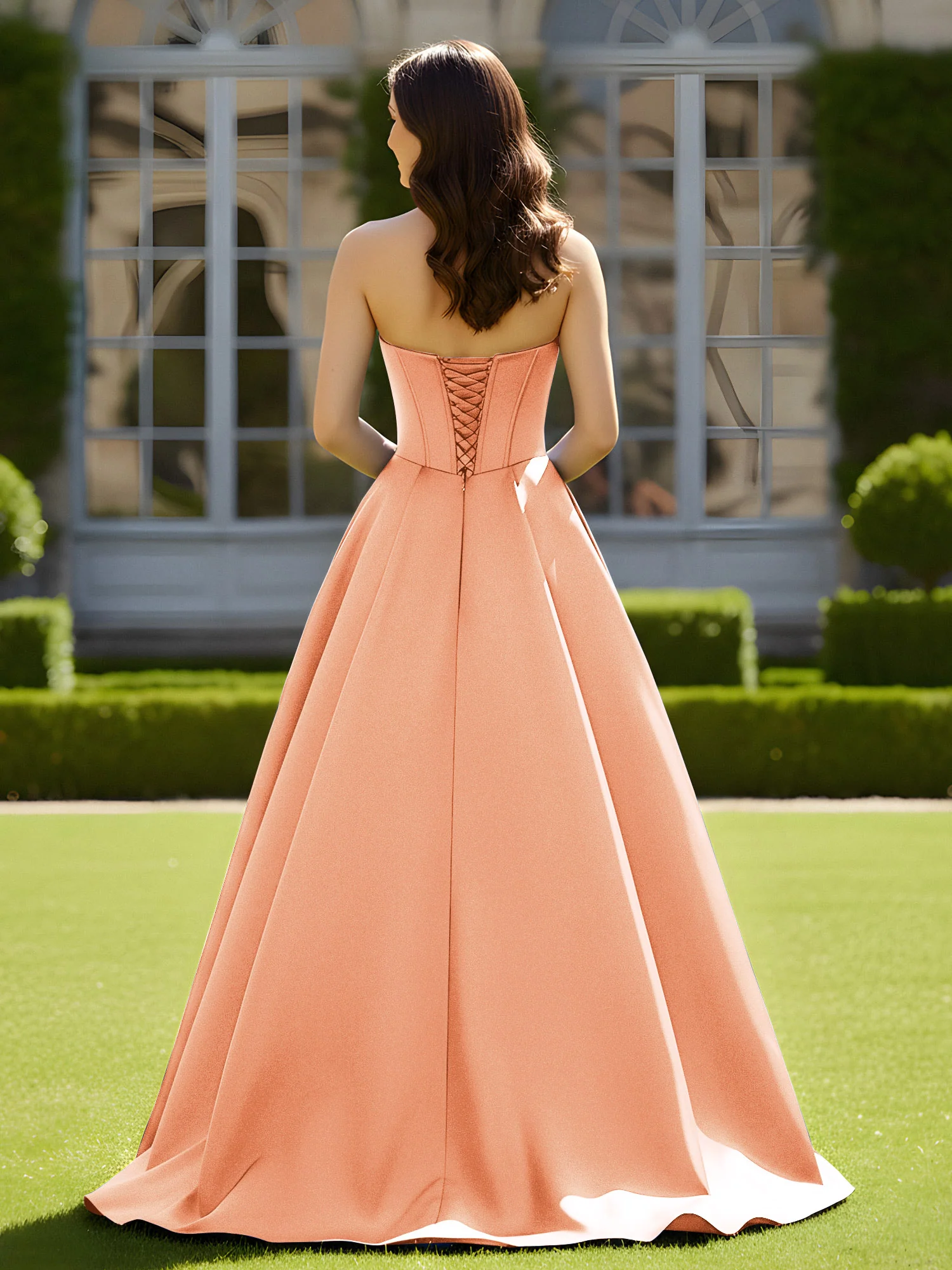 Sleeveless Sweep Train Satin Lace-Up Gown Papaya - Image 2