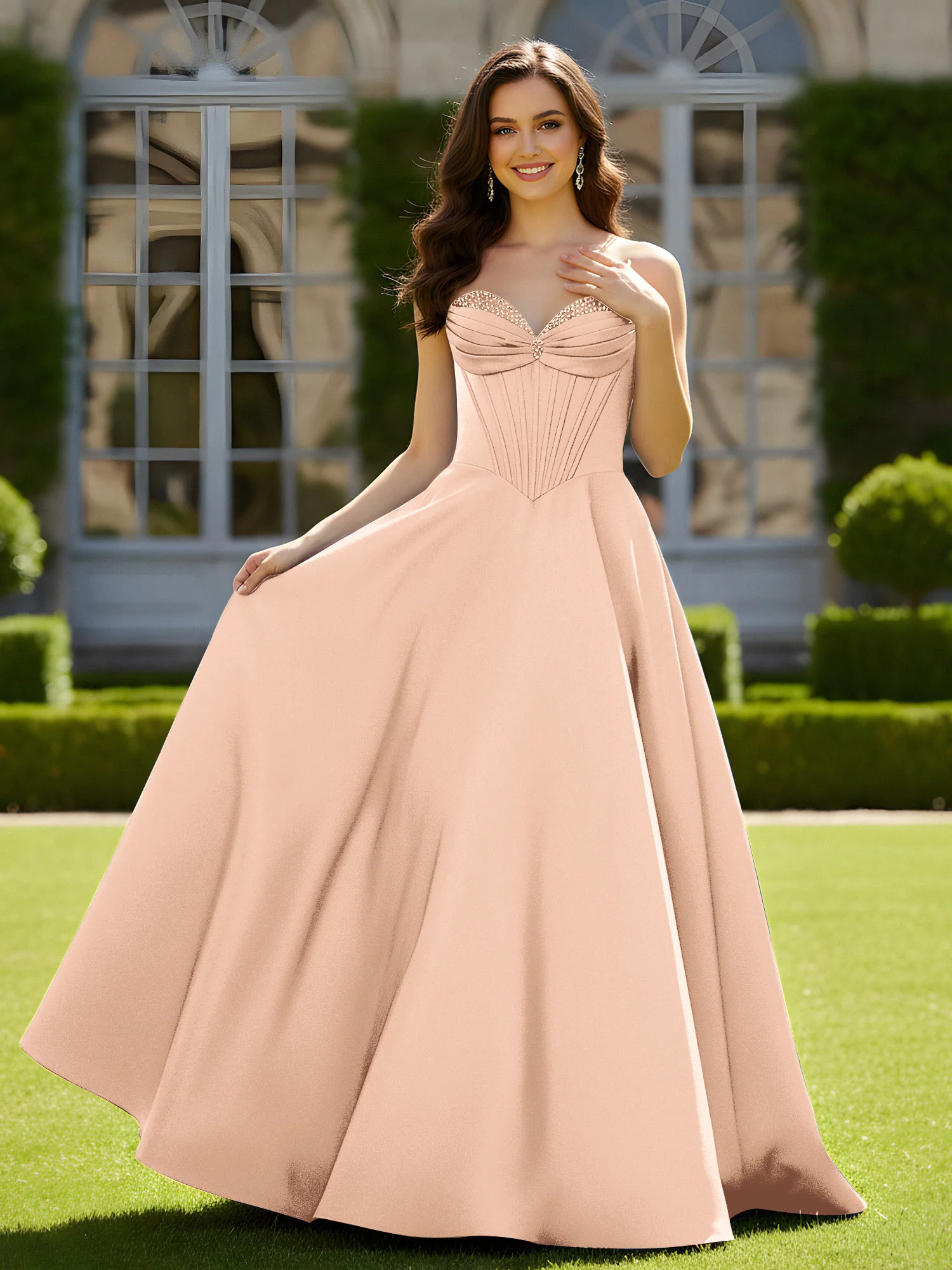 Sleeveless Sweep Train Satin Lace-Up Gown Peach