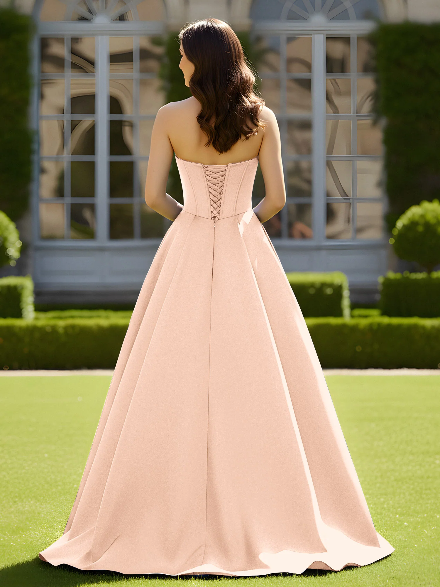 Sleeveless Sweep Train Satin Lace-Up Gown Peach - Image 2