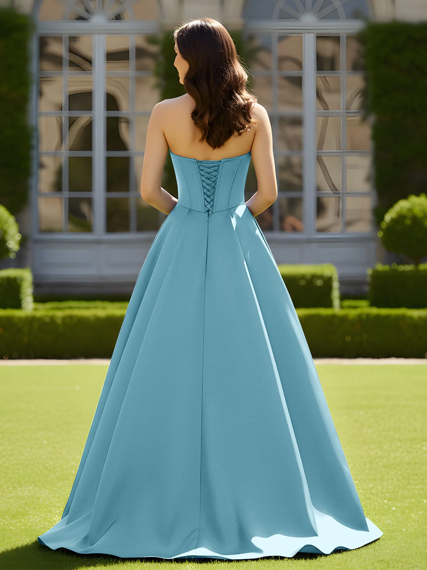 Sleeveless Sweep Train Satin Lace-Up Gown Pool - Image 2