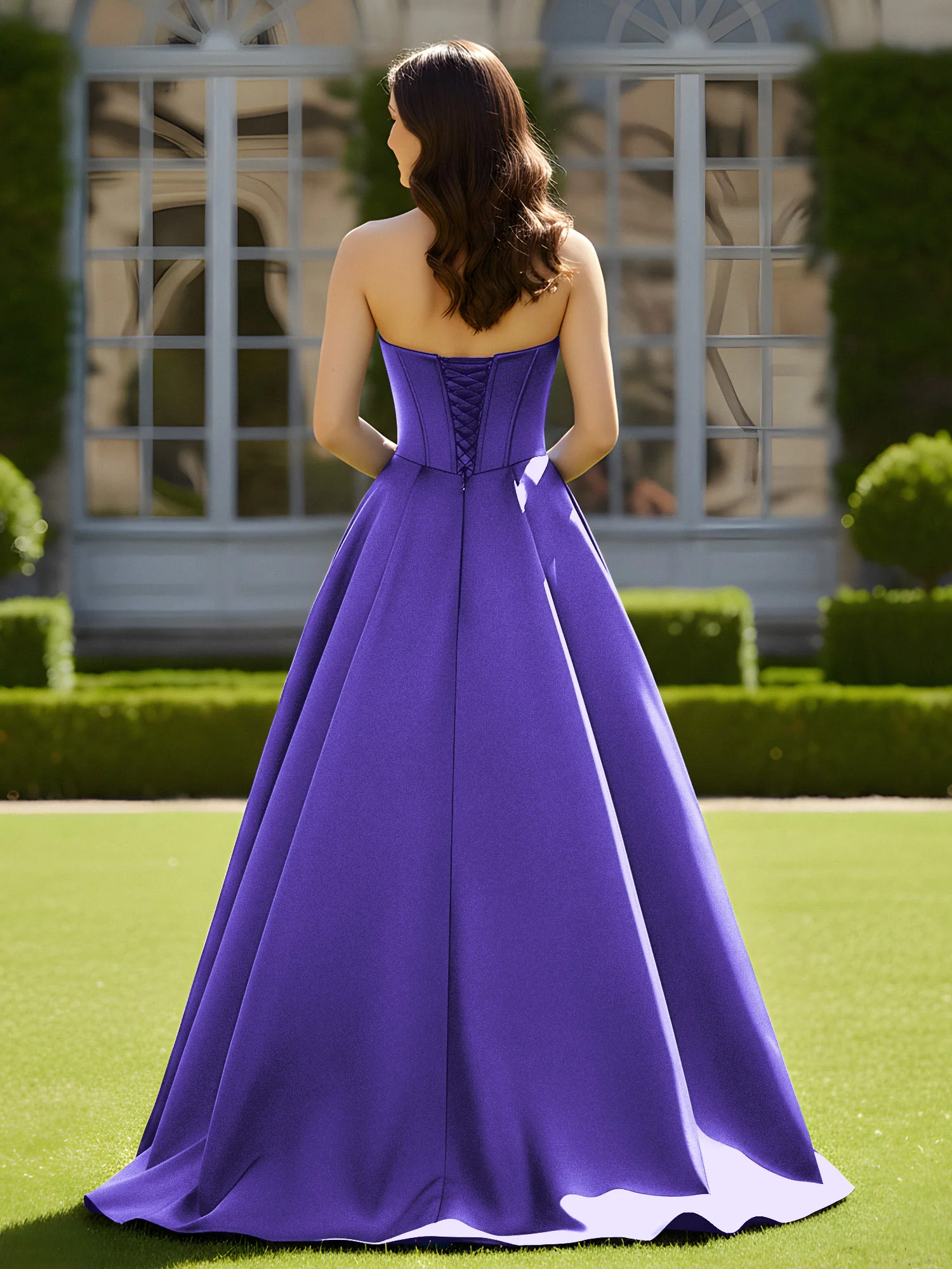 Sleeveless Sweep Train Satin Lace-Up Gown Regency - Image 2