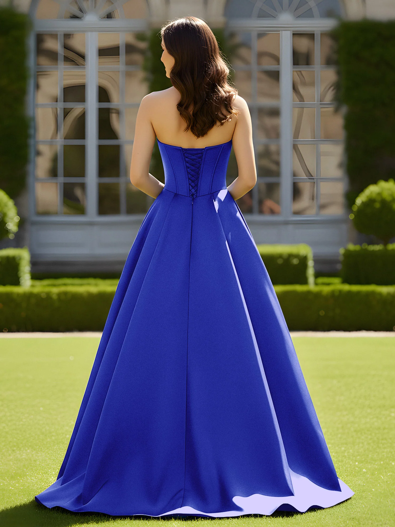 Sleeveless Sweep Train Satin Lace-Up Gown Royal Blue - Image 2